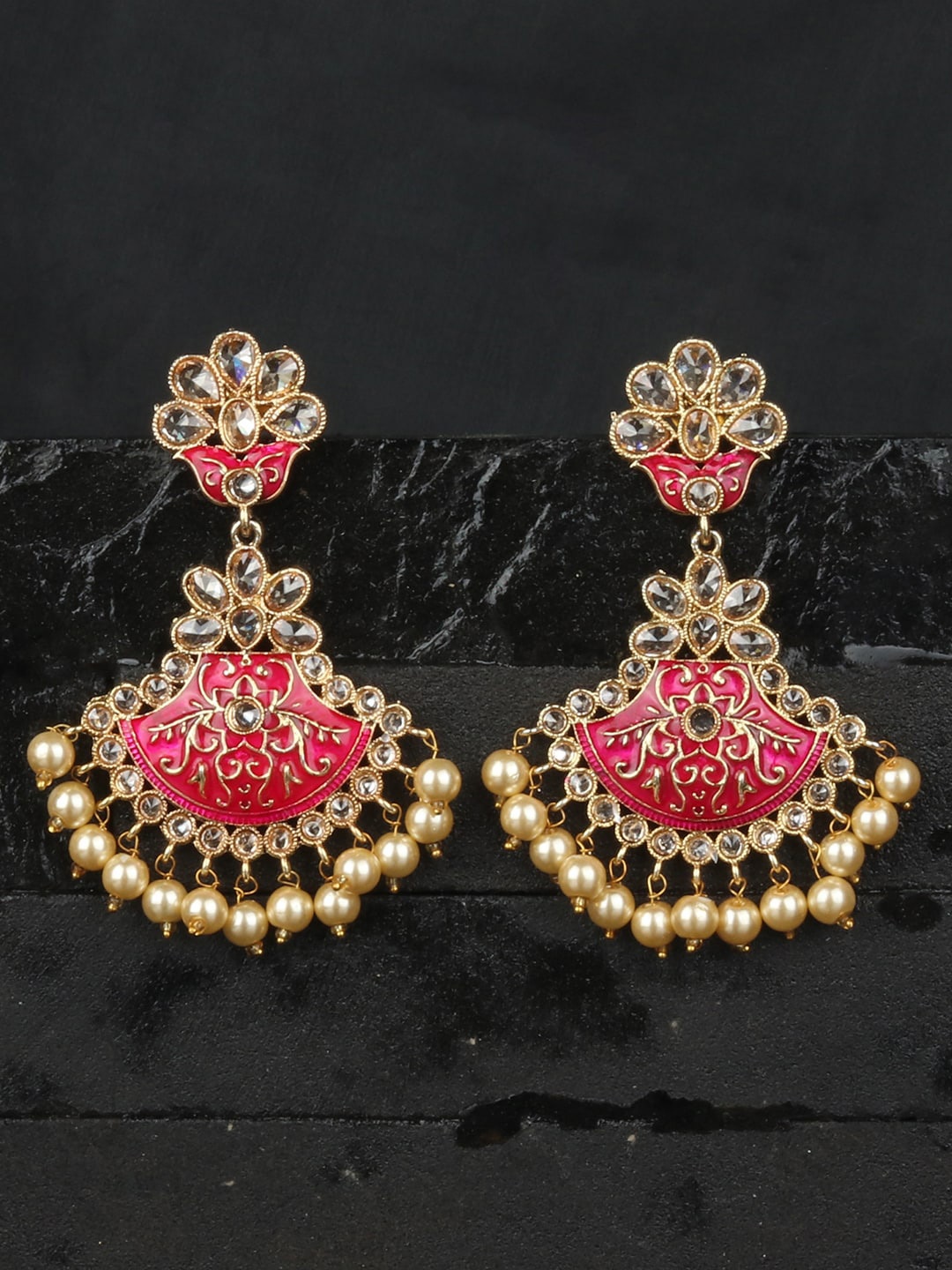 

ANIKAS CREATION Magenta Gold-Plated Enamelled Contemporary Drop Earrings