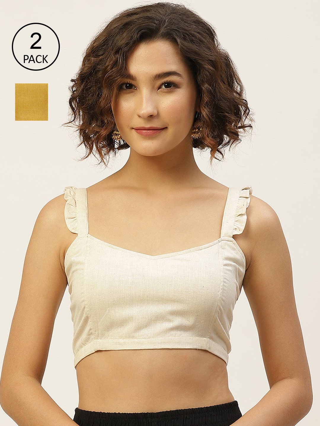 Molcha Women White & Yellow Pure Cotton Back Open Non Padded Blouse (Pack of 2)