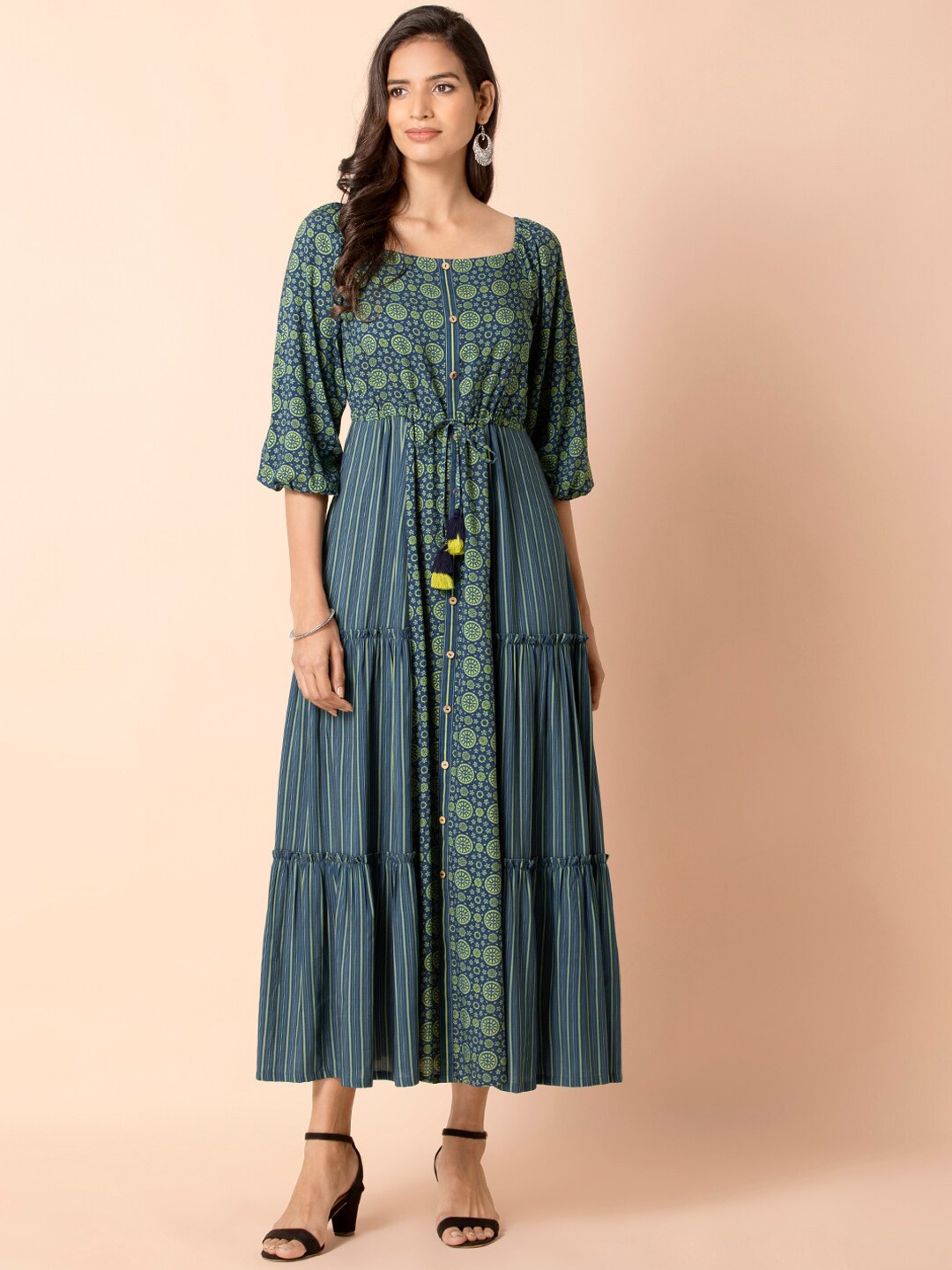 

INDYA Blue Green Ajrakh Tiered Maxi Tunic