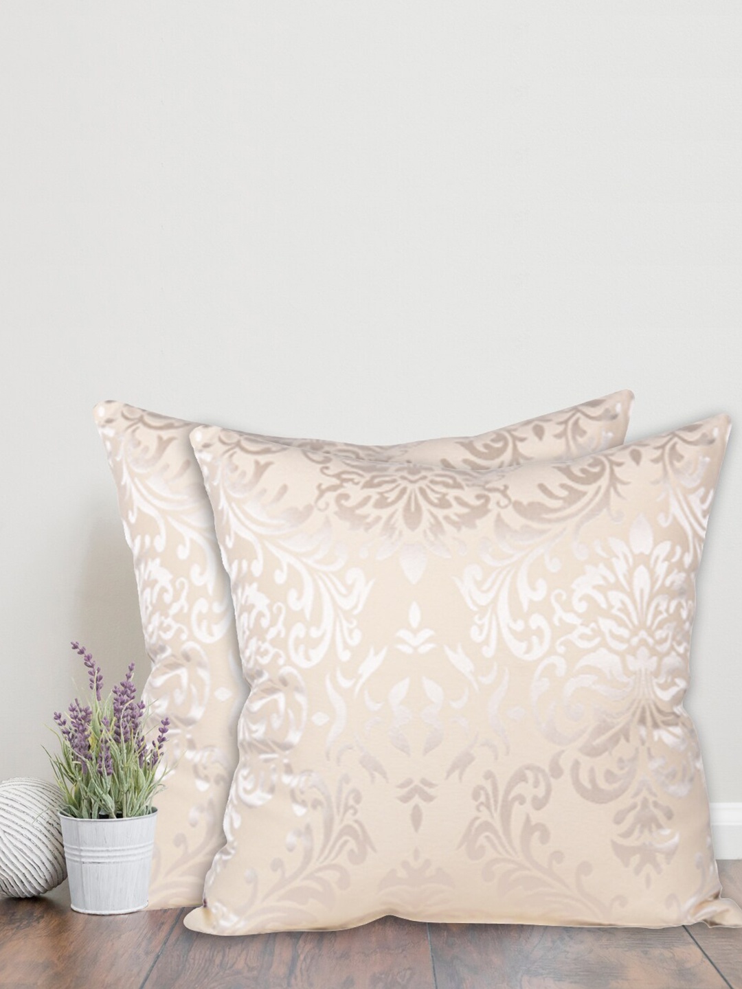 

Home Cream-Coloured & Silver-Toned Set of 2 Ethnic Motifs Square Cotton Cushion Covers