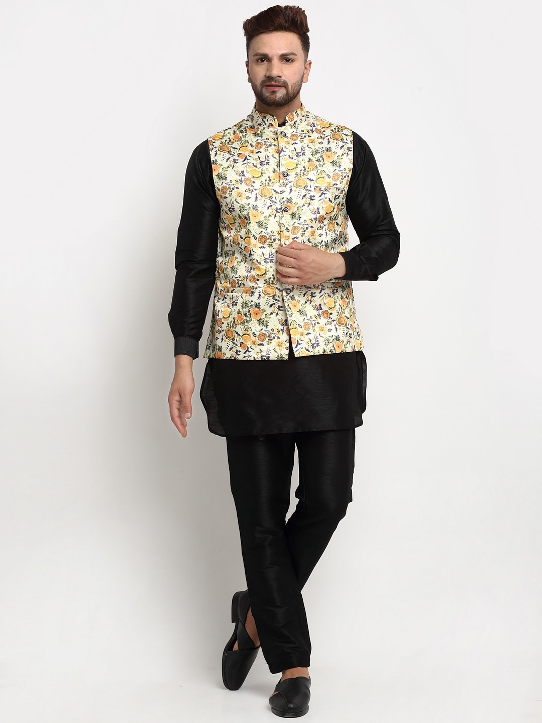 

Benstoke Men Black Floral Printed Layered Dupion Silk Kurta with Pyjamas