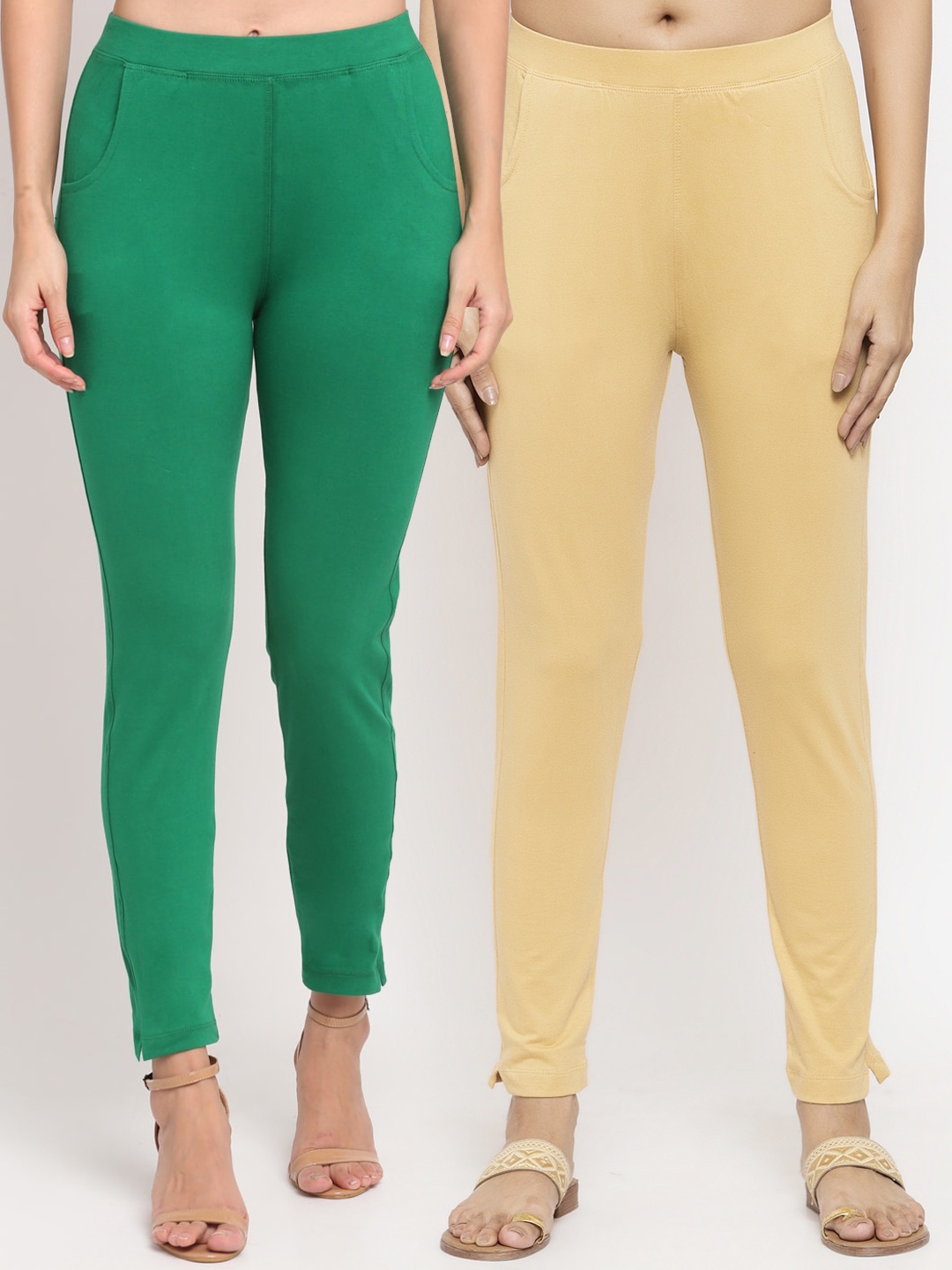 

NEUDIS Women Pack Of 2 Solid Ankle-Length Straight-Fit Leggings, Green