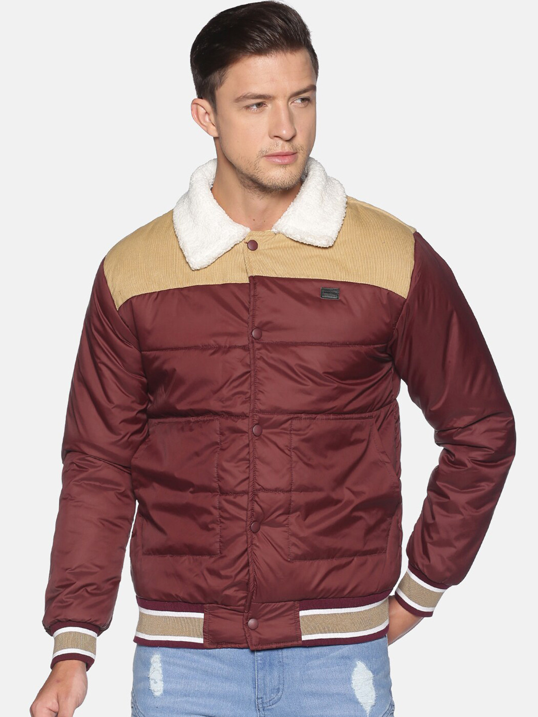 

Campus Sutra Men Maroon & Camel Brown Spread Collar Bomber Jacket