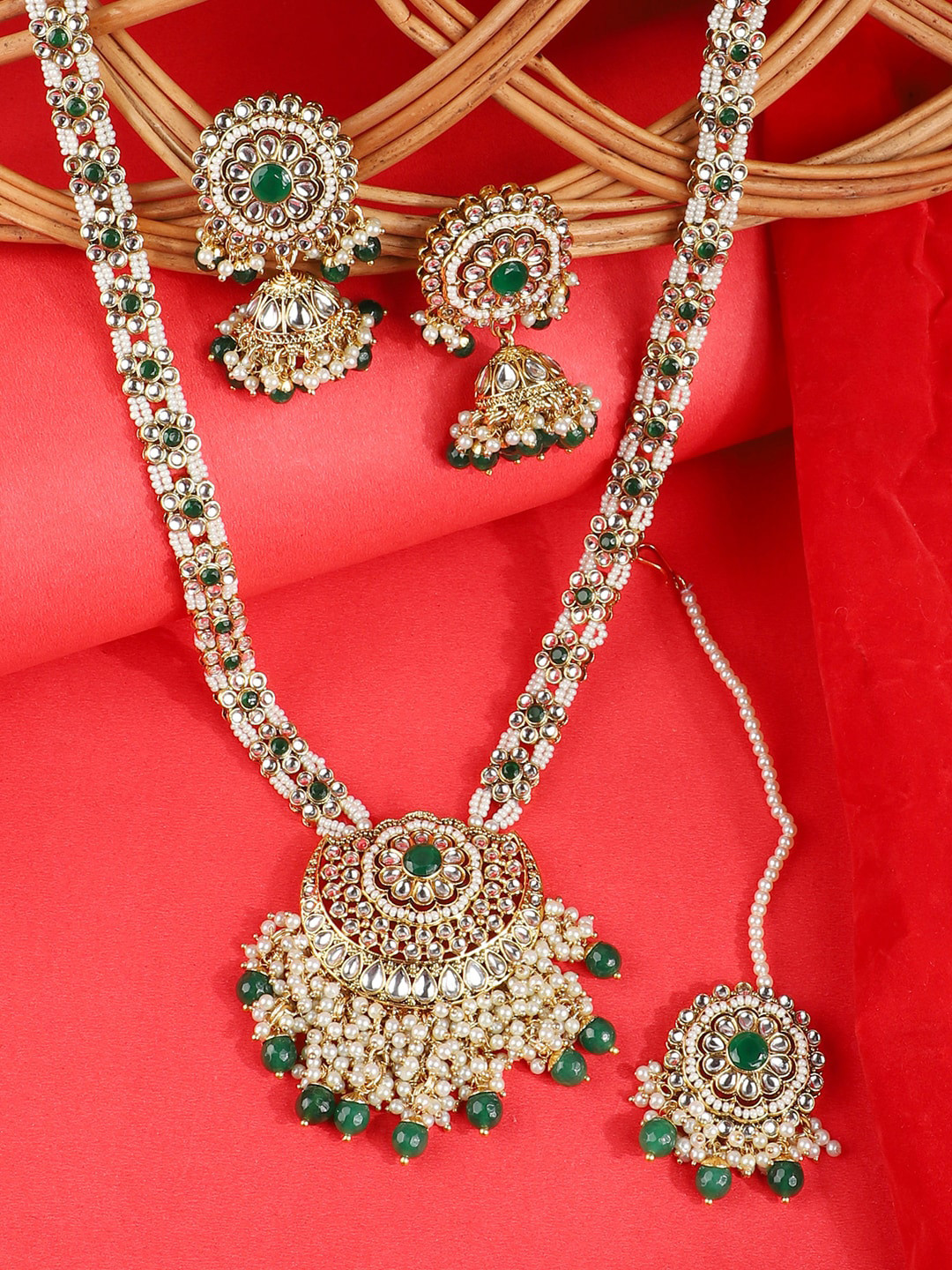 

ANIKAS CREATION Gold-Plated Green & White Stone-Studded & Beaded Jewellery Set