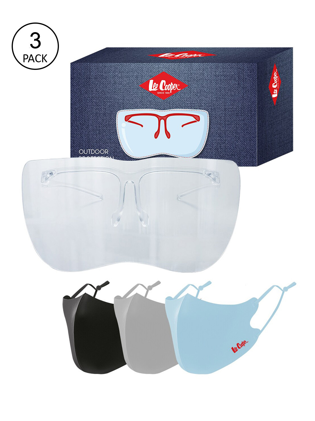 

Lee Cooper Unisex Set Of 3 Solid Cloth Masks & One Goggle-Style Face Shield, Transparent