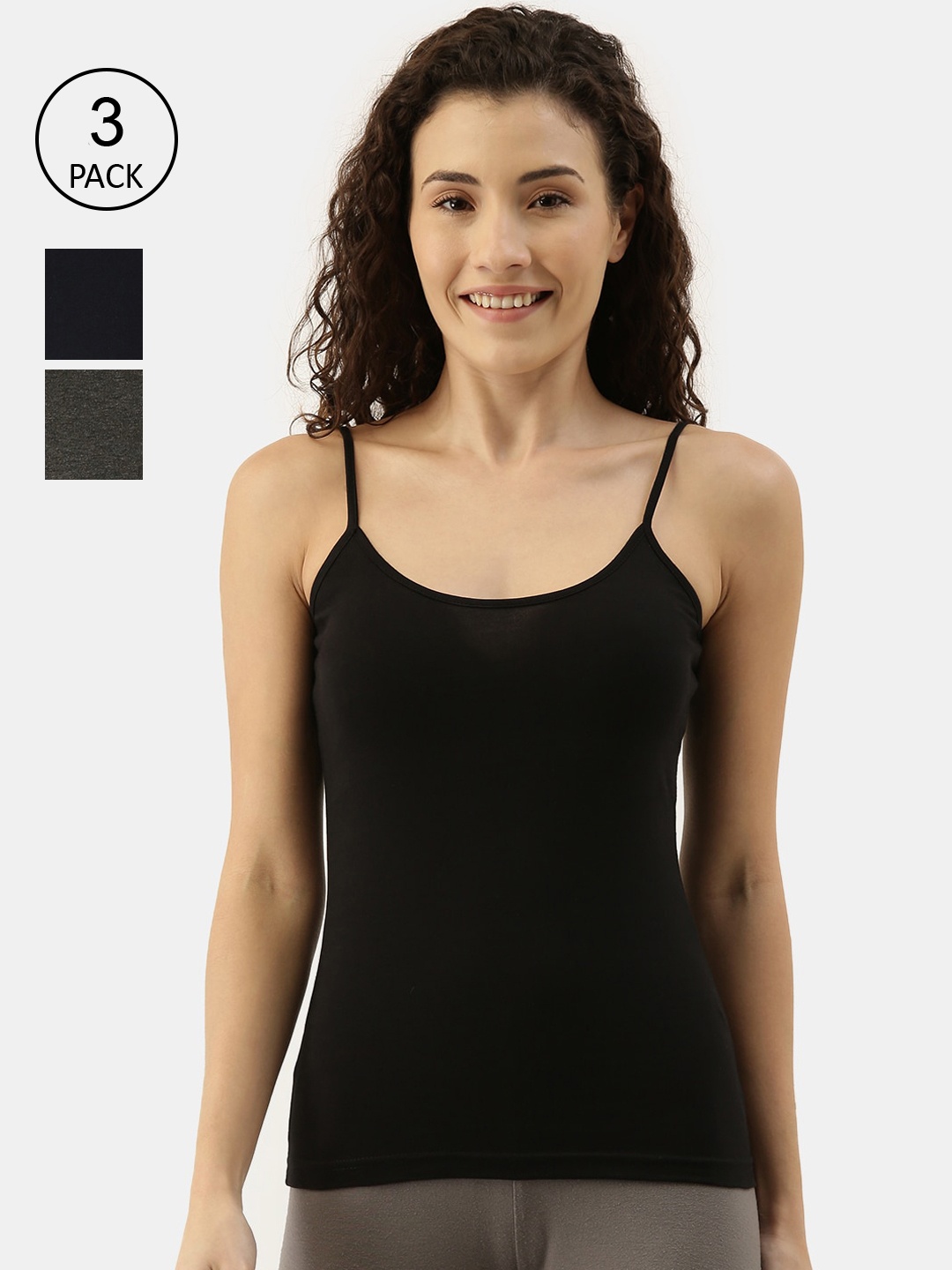 

appulse Women Pack Of 3 Solid Cotton Camisoles, Black