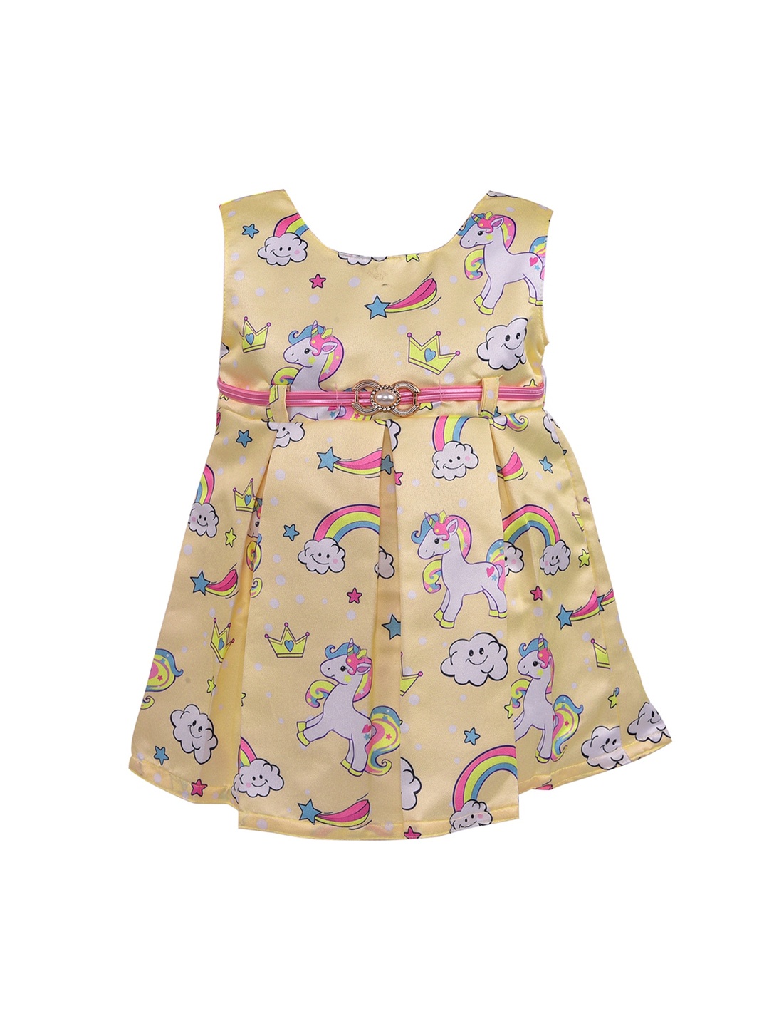 Wish Karo Girls Yellow & White Conversation Printed Satin Dress With Belt