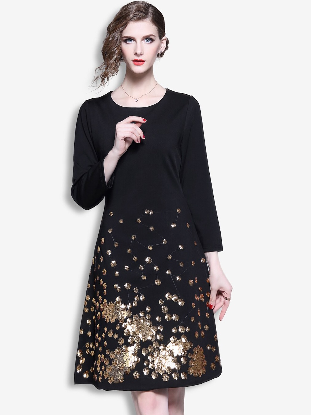 

JC Collection Black & Gold Coloured Floral Sequinned A-line Dress