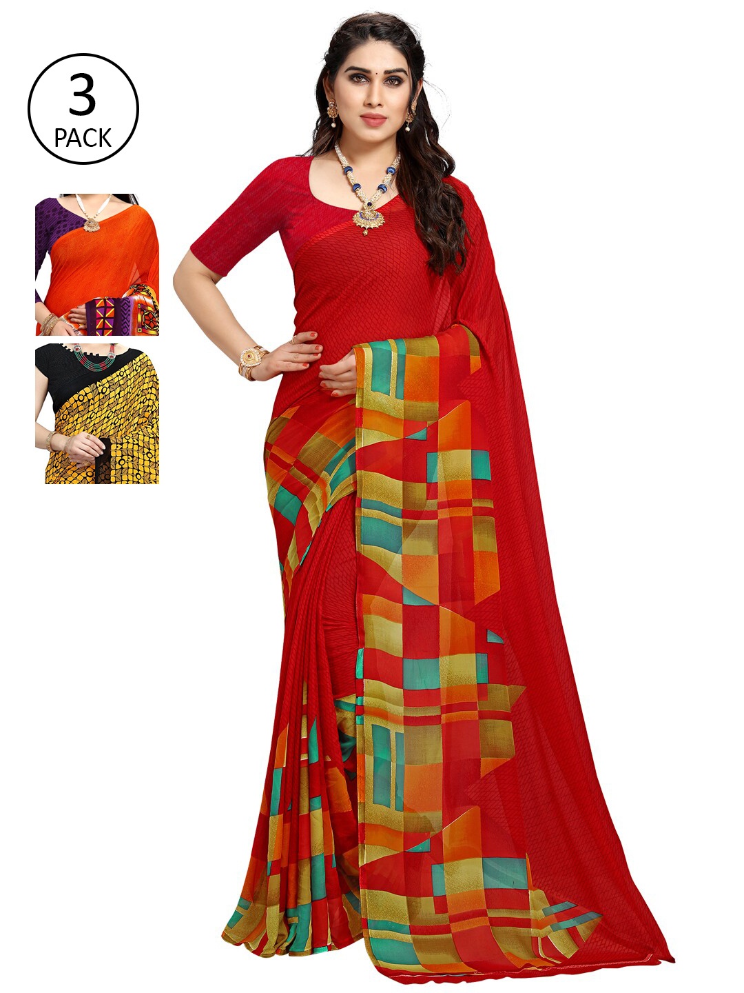 KALINI Pack of 3 Orange & Black Saree
