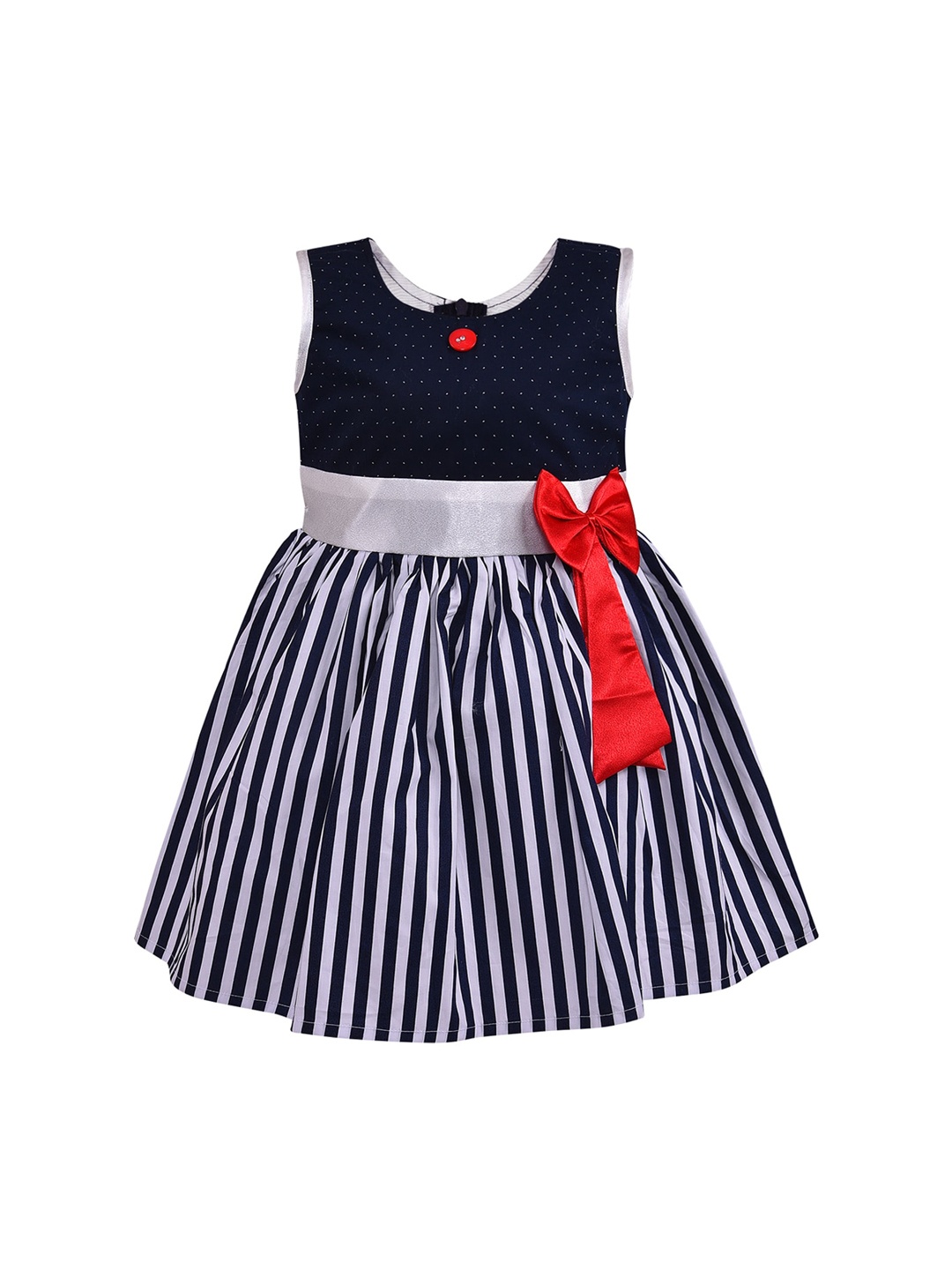 

Wish Karo Girls Navy Blue Striped Belted & Bow Detail Dress