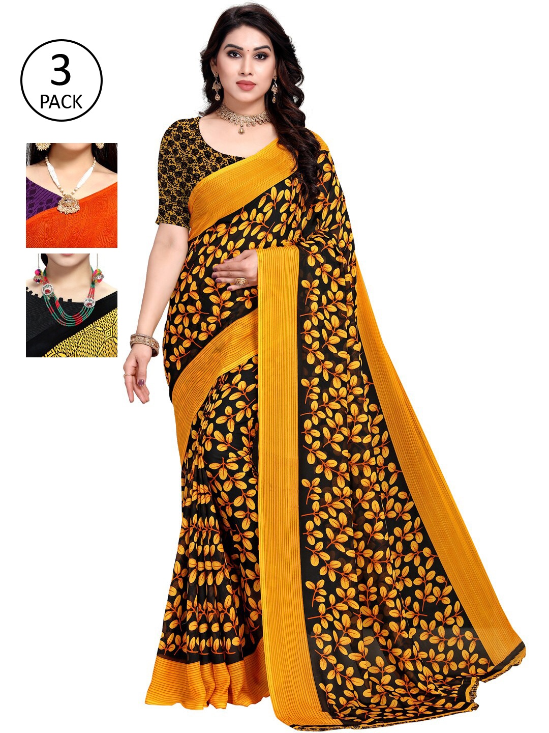 

KALINI Multicoloured Set of 3 Poly Georgette Saree, Multi