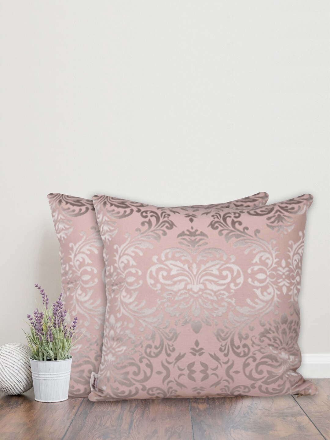 Home Pink & Silver-Toned Set of 2 Ethnic Motifs Cotton Square Cushion Covers