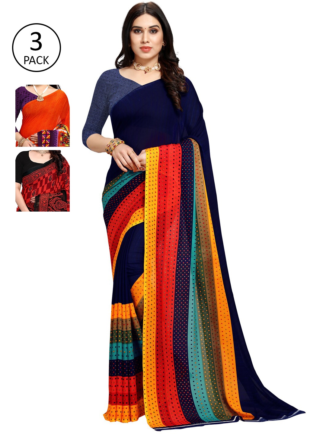 

KALINI Pack of 3 Orange & Red Floral Saree