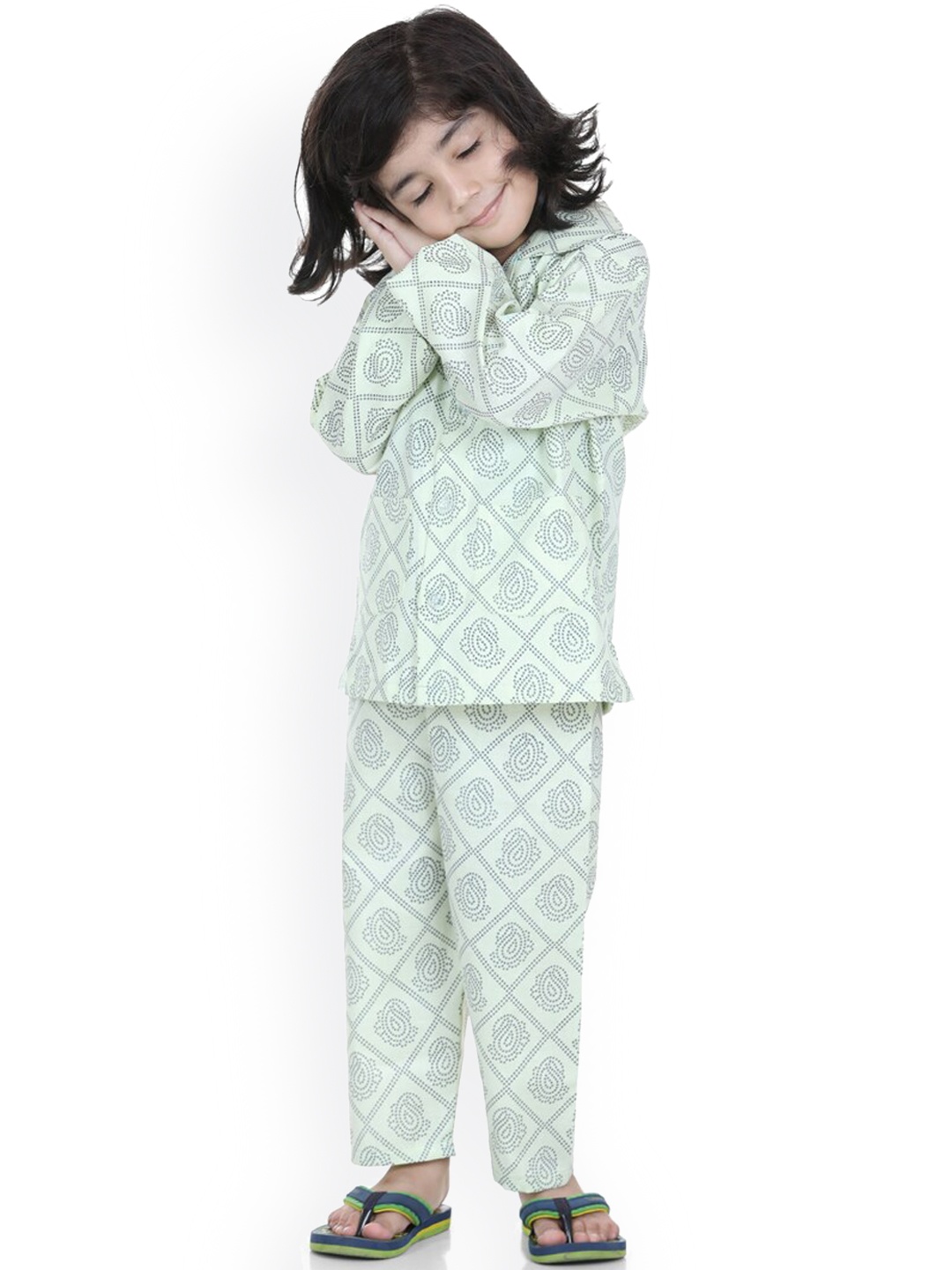 

Aj DEZInES Boys Sea Green Full Sleeves Printed Nightsuit