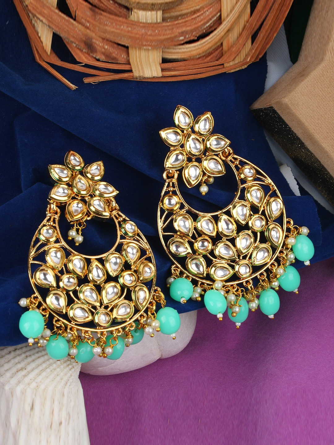 

ANIKAS CREATION Gold-Plated Sea Green Kundan Studded Contemporary Chandbalis Earrings