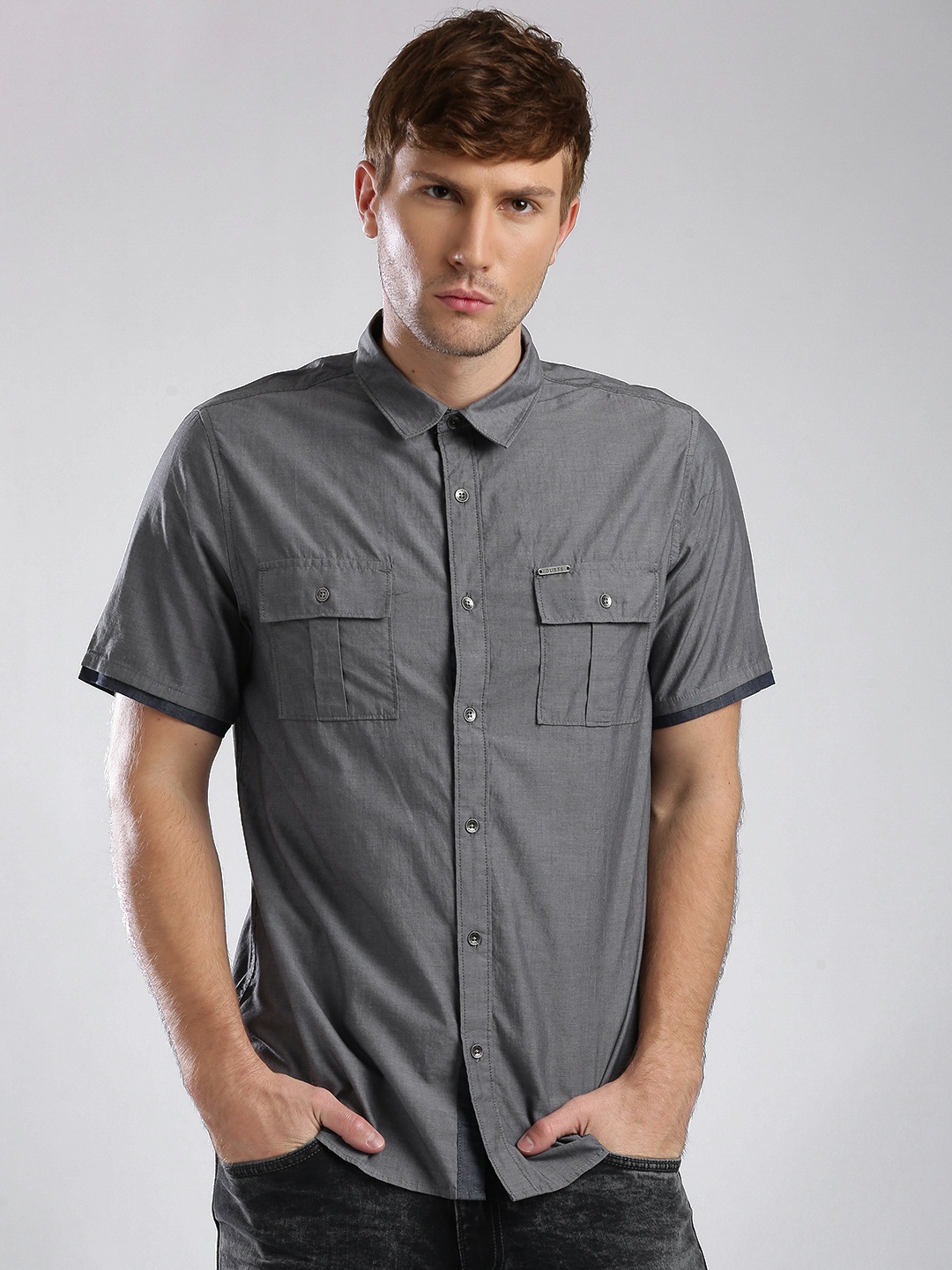 GUESS Men Grey Slim Fit Solid Casual Shirt price Myntra. Shirts Deals ...
