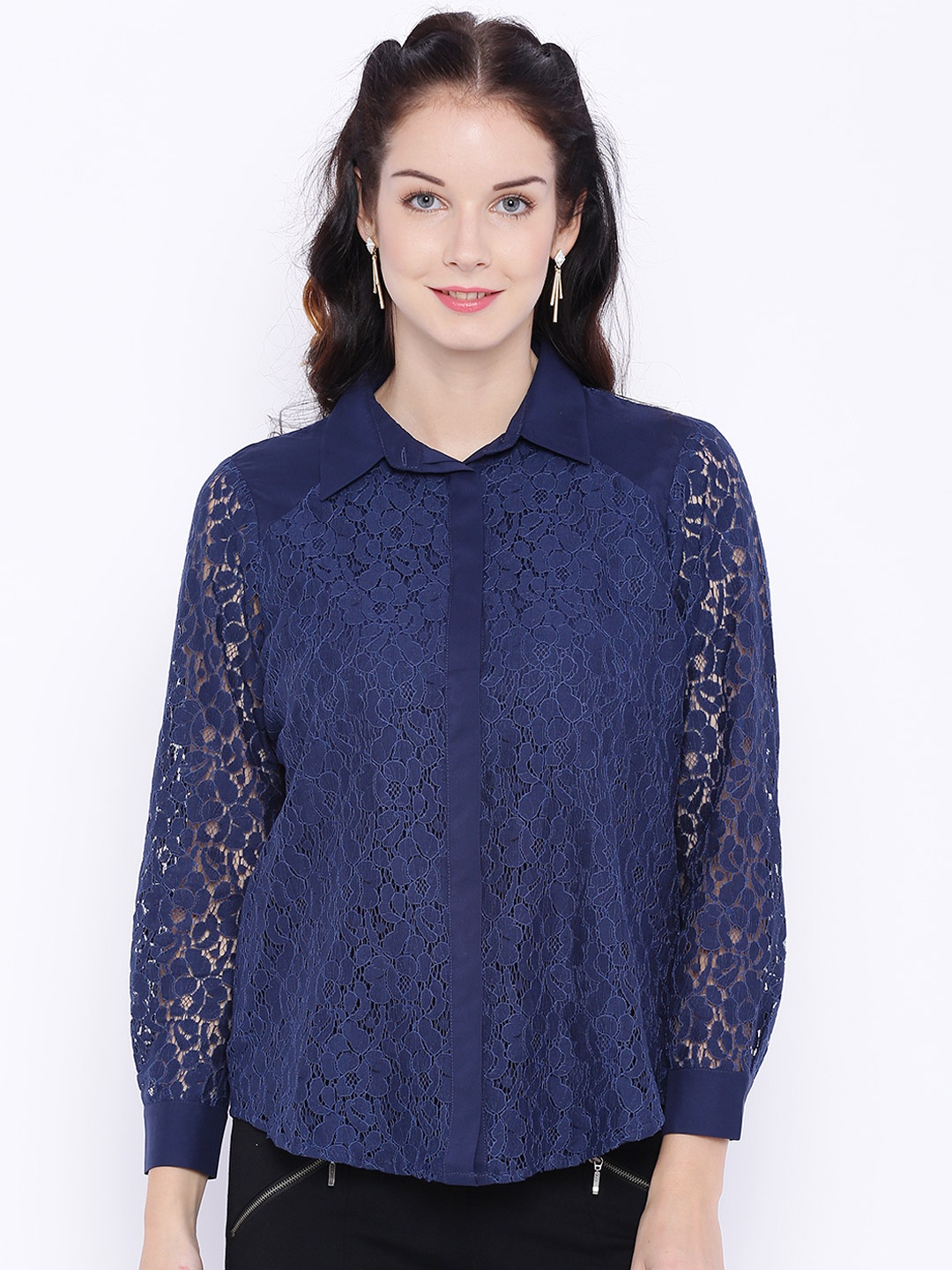 Avirate Women Navy Blue Lace Shirt-Style Top price Myntra. Tops Deals ...