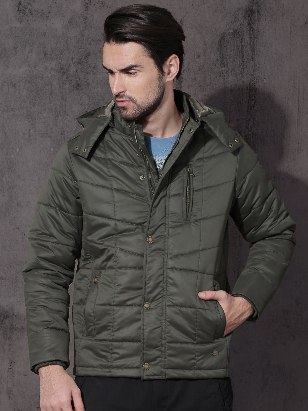Roadster Men Olive Green Self Design Quilted Detachable Hood Jacket ...