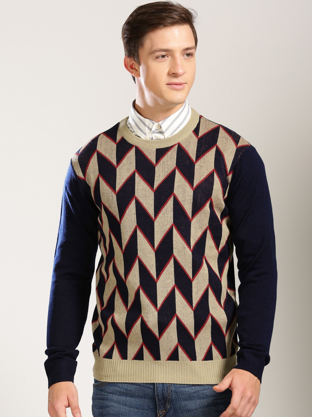Harvard Men Beige & Navy Blue Self Design Pullover Sweater price Myntra ...