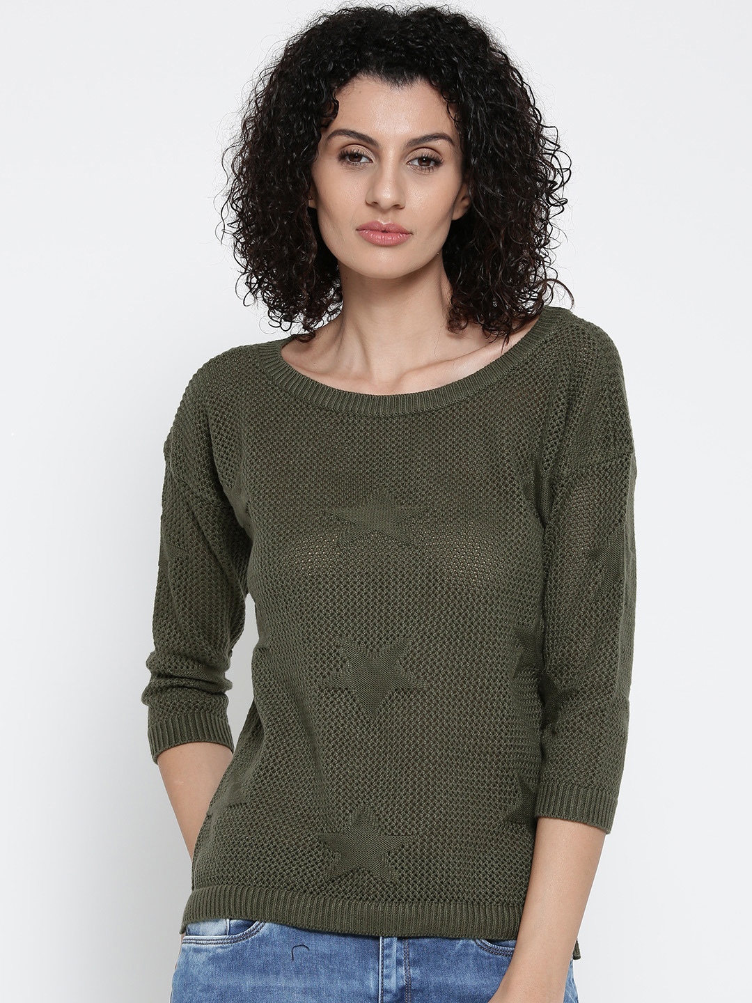 ONLY Women Olive Green Star Pattern Sweater ONLY Sweaters price Myntra ...