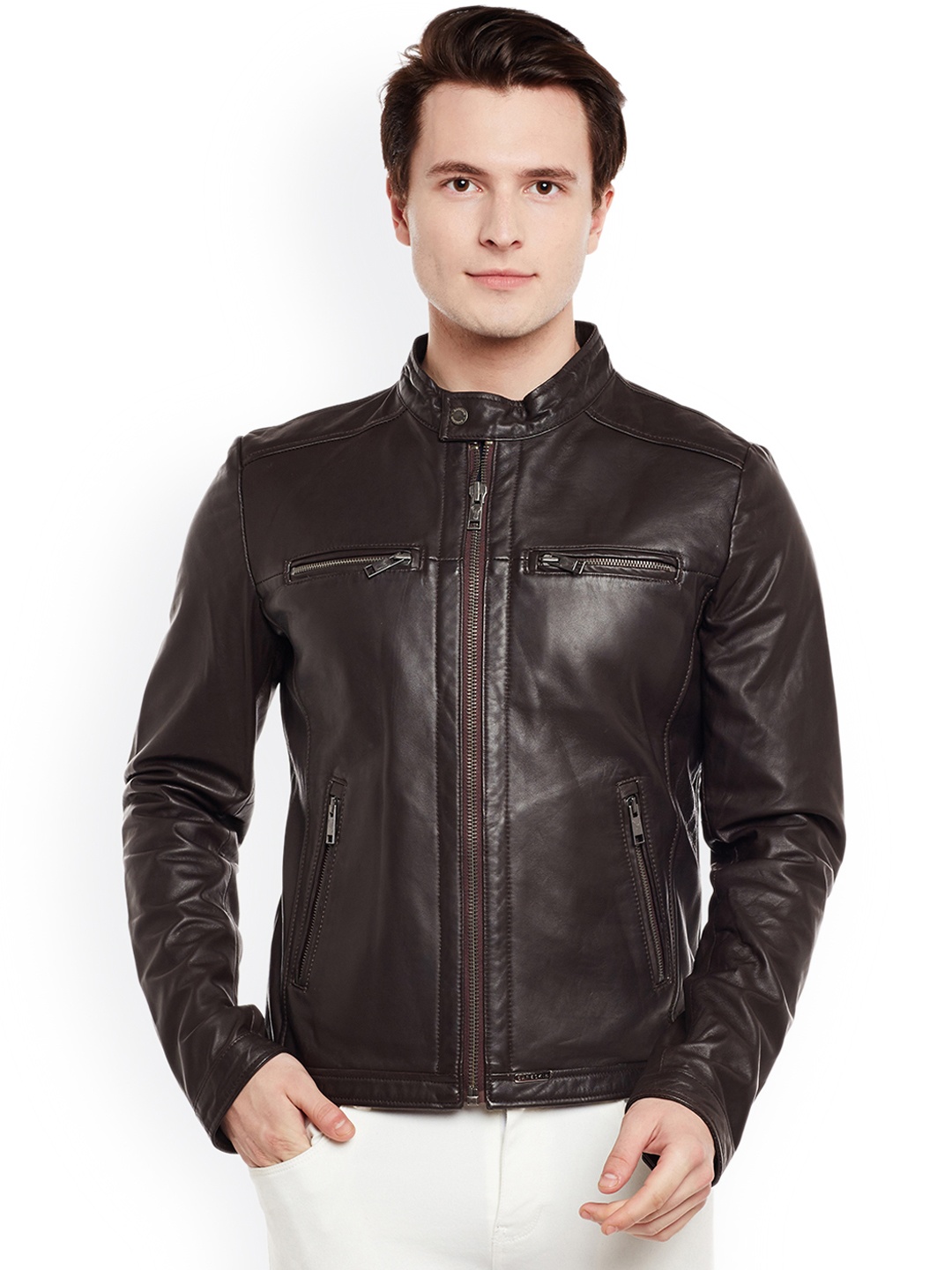 BARESKIN Men Brown Solid Lightweight Leather Jacket BARESKIN Jackets ...