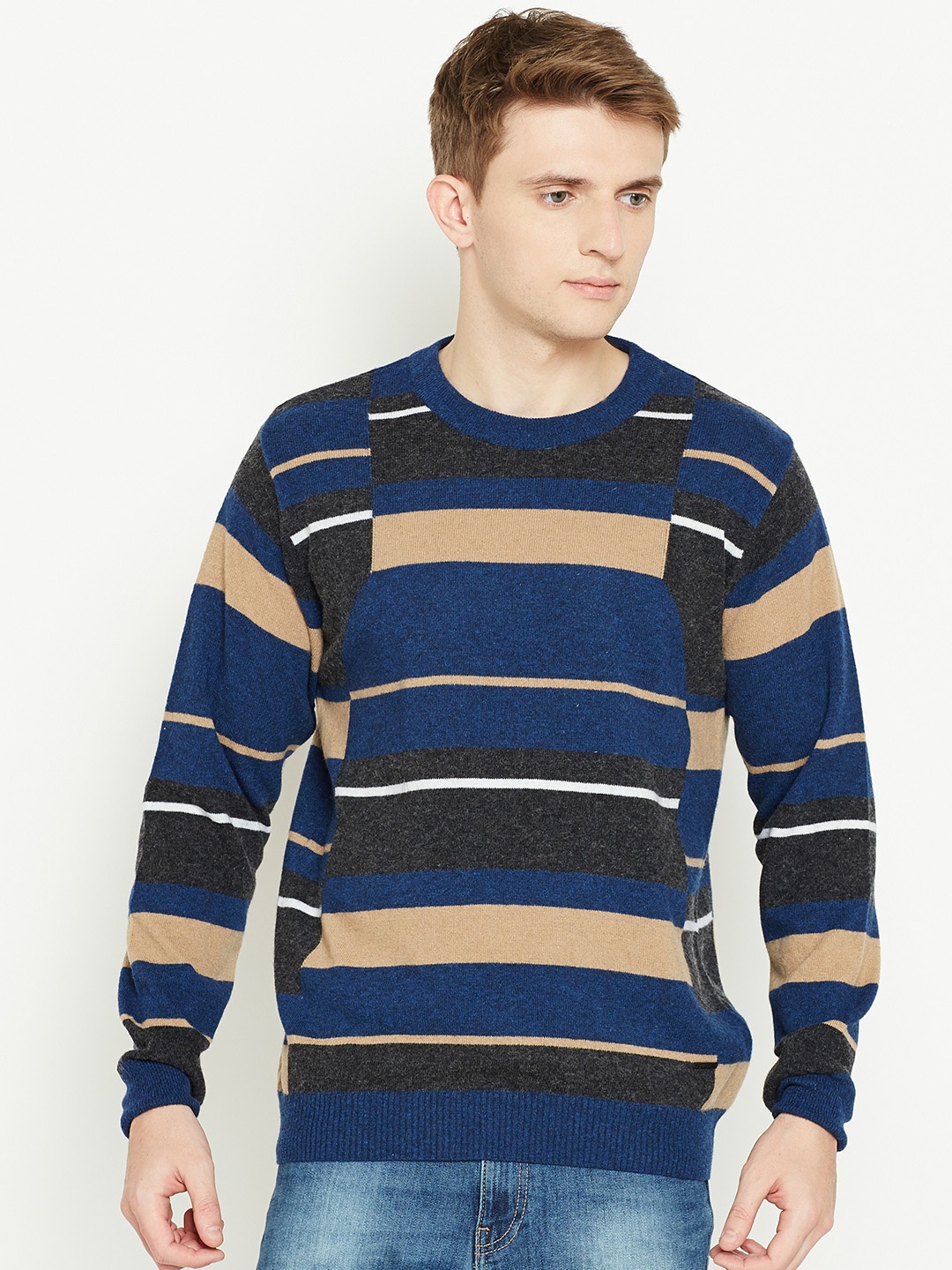 Monte Carlo Men Blue & Beige Striped Sweater Monte Carlo Sweaters price ...