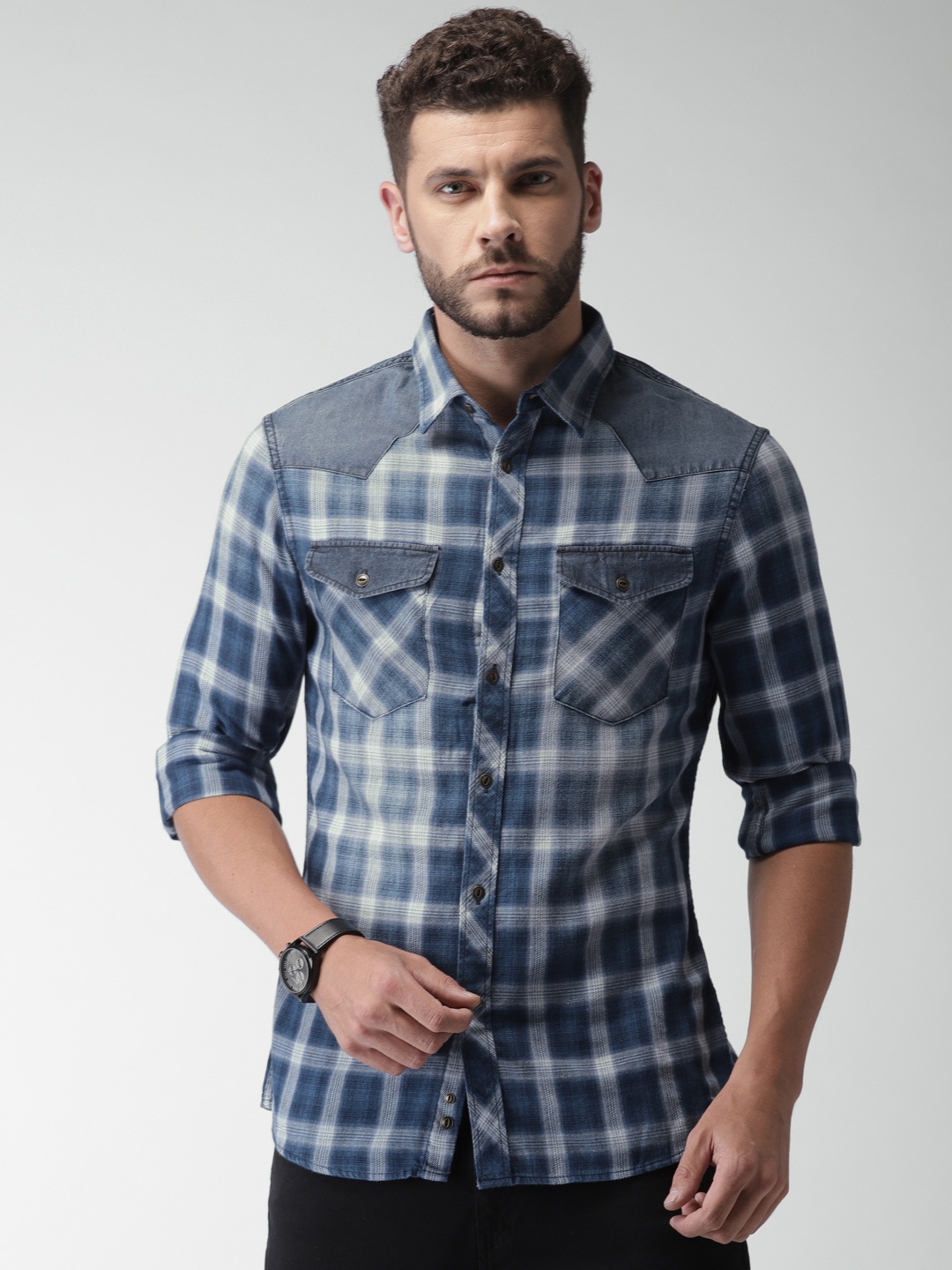 Celio Men Blue Slim Fit Checked Casual Shirt Celio Shirts price Myntra ...
