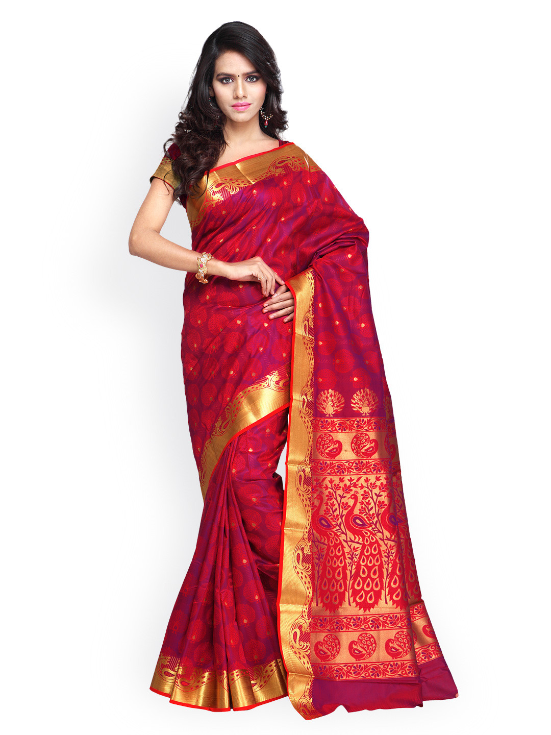 

Varkala Silk Sarees Pink & Red Jacquard Paithani Art Silk Traditional Saree