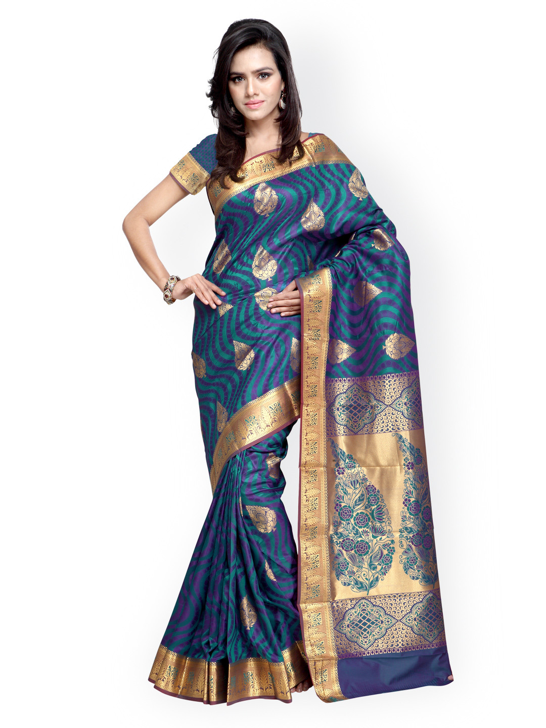 

Varkala Silk Sarees Teal Blue & Gold-Toned Jacquard & Art Silk Traditional Saree