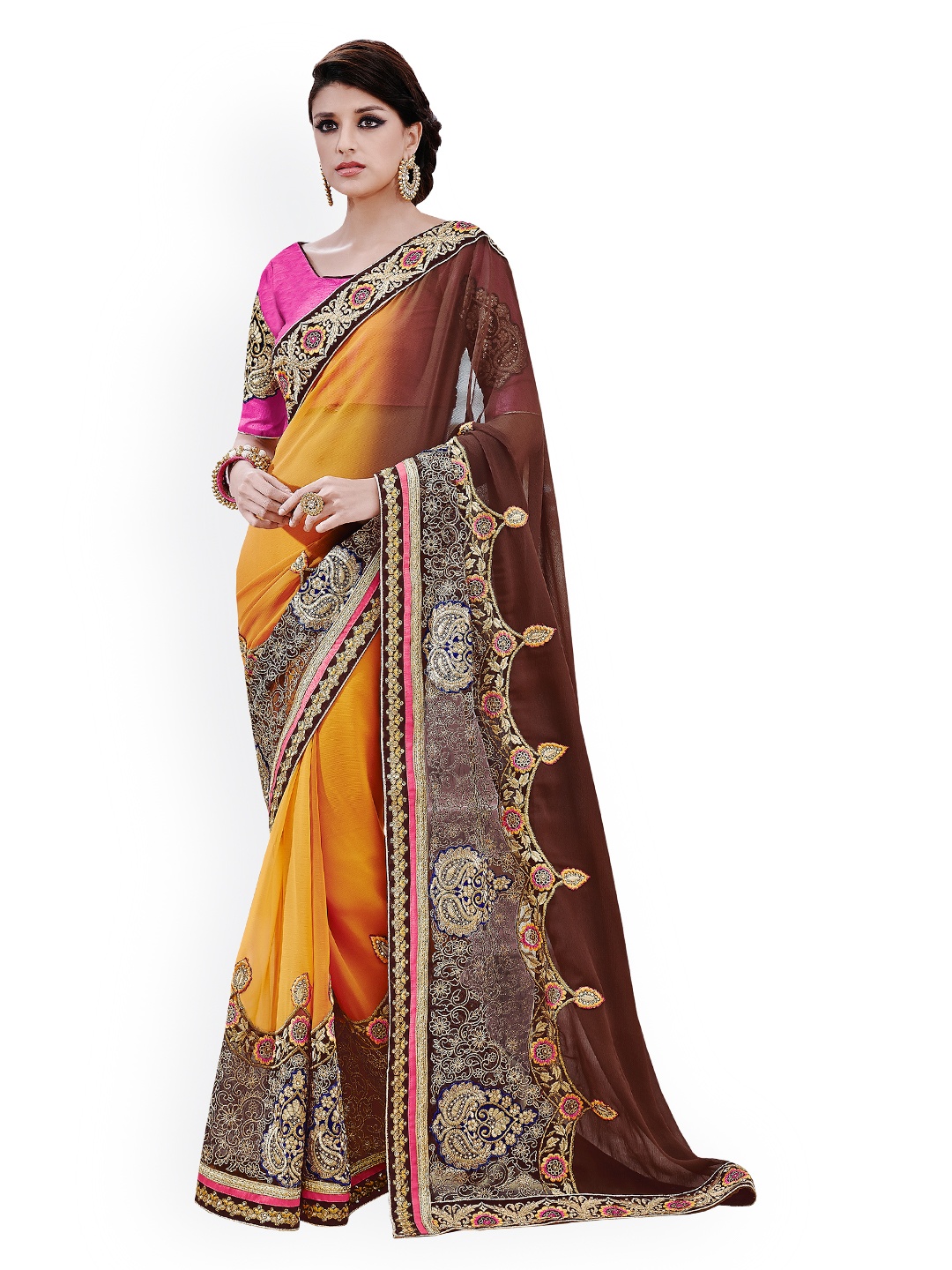 

Kalista Orange & Brown Embroidered Chiffon Saree