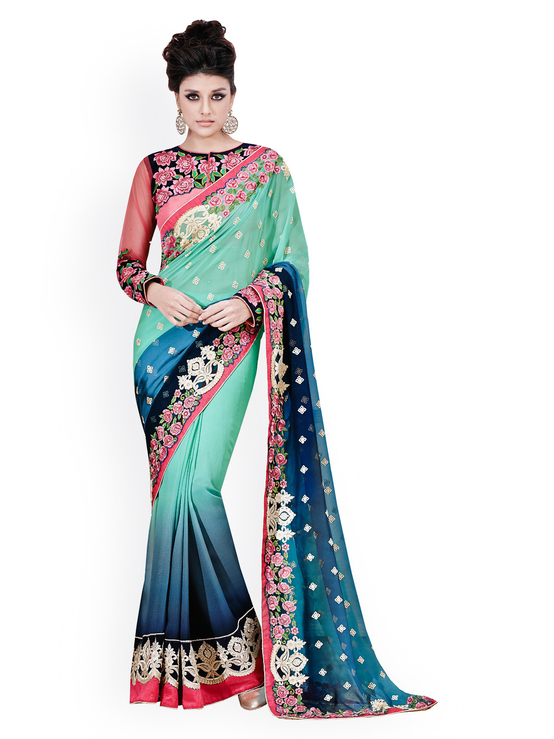 

Kalista Green & Blue Embroidered Chiffon Embellished Saree