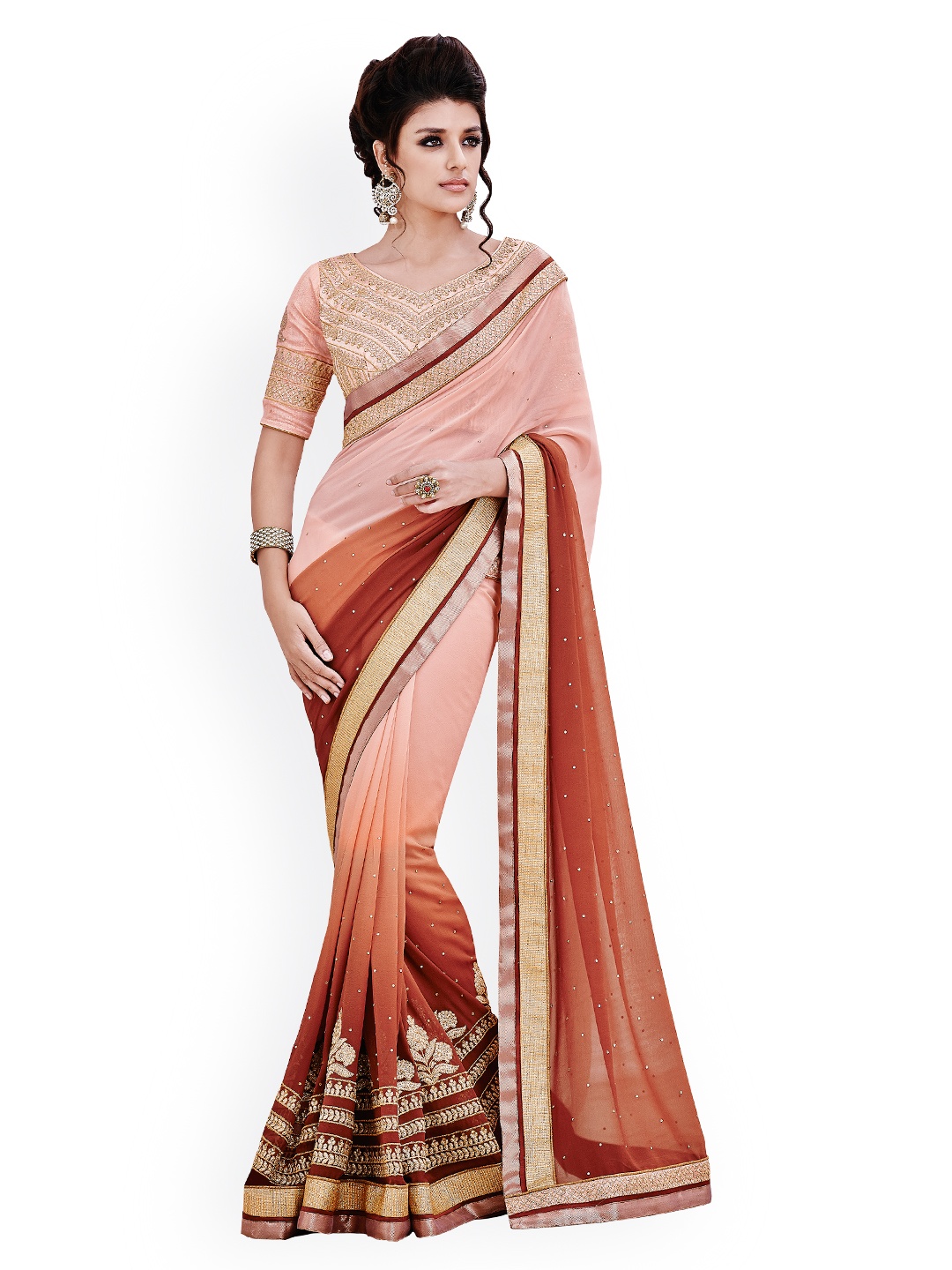 

Kalista Rust Brown & Peach-Coloured Chiffon Embellished Saree