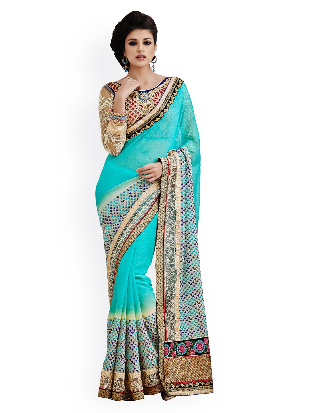 

Kalista Turquoise Blue Embroidered Chiffon Embellished Saree