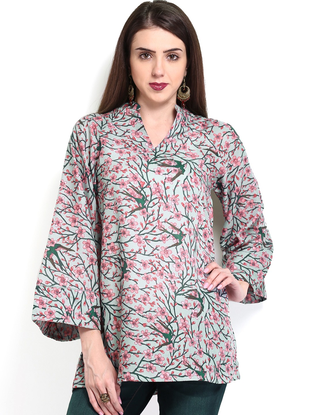 

W Women Greyish Blue & Pink Floral Print Tunic