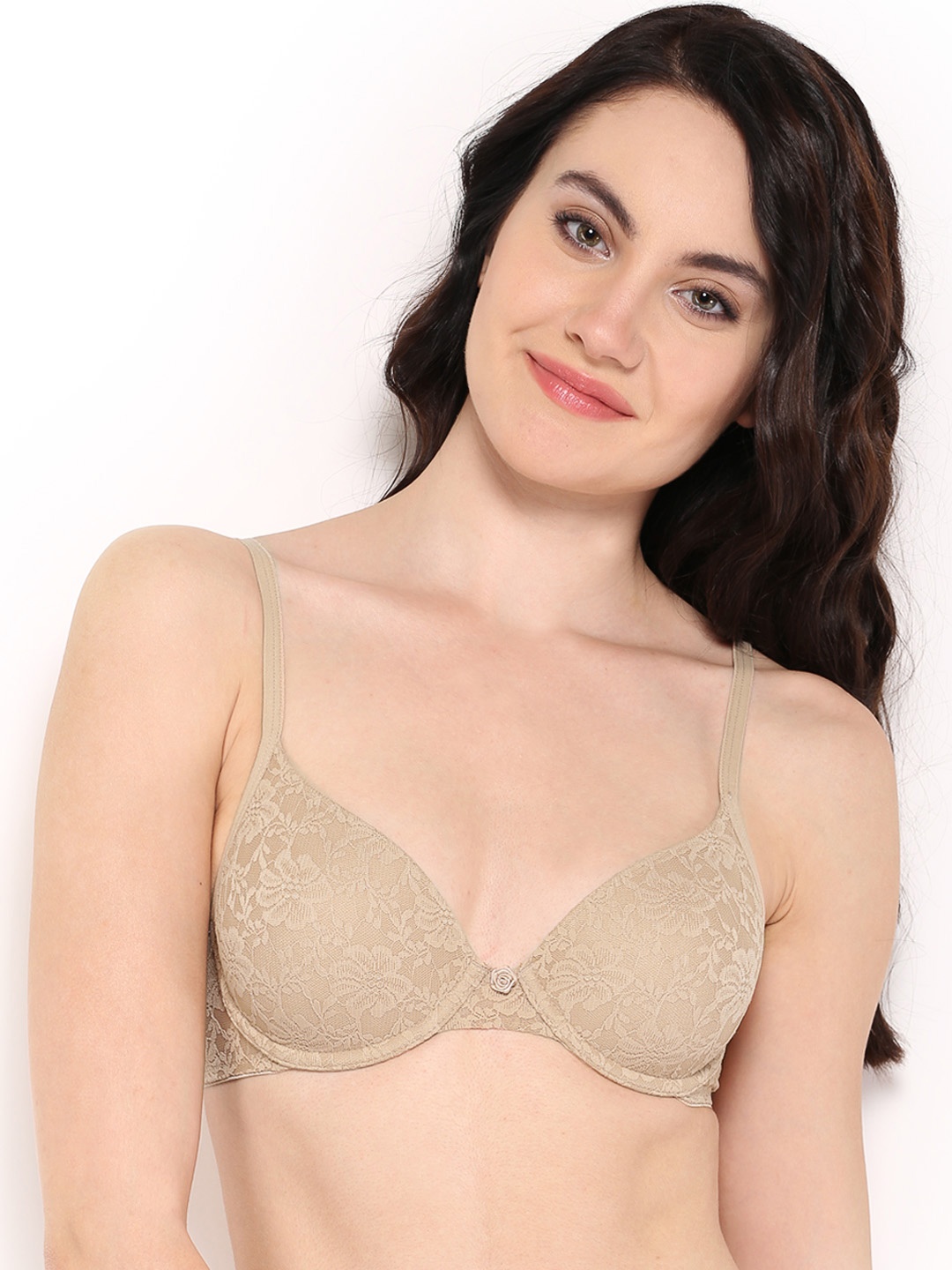 Amante Floral Romance Lightly Padded Underwired Full Coverage Lace T-Shirt Bra BRA10301, Beige