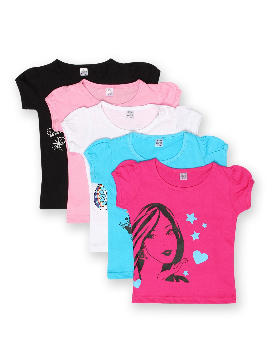 

GKIDZ Girls Pack of 5 Printed Pure Cotton T-shirts, Multi
