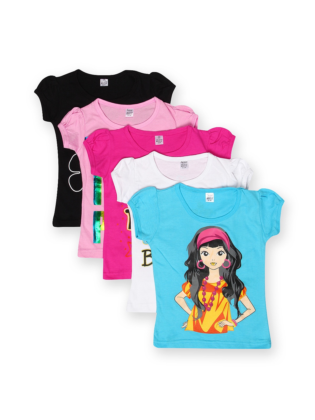 

GKIDZ Girls Pack of 5 Printed Pure Cotton T-shirts, Multi