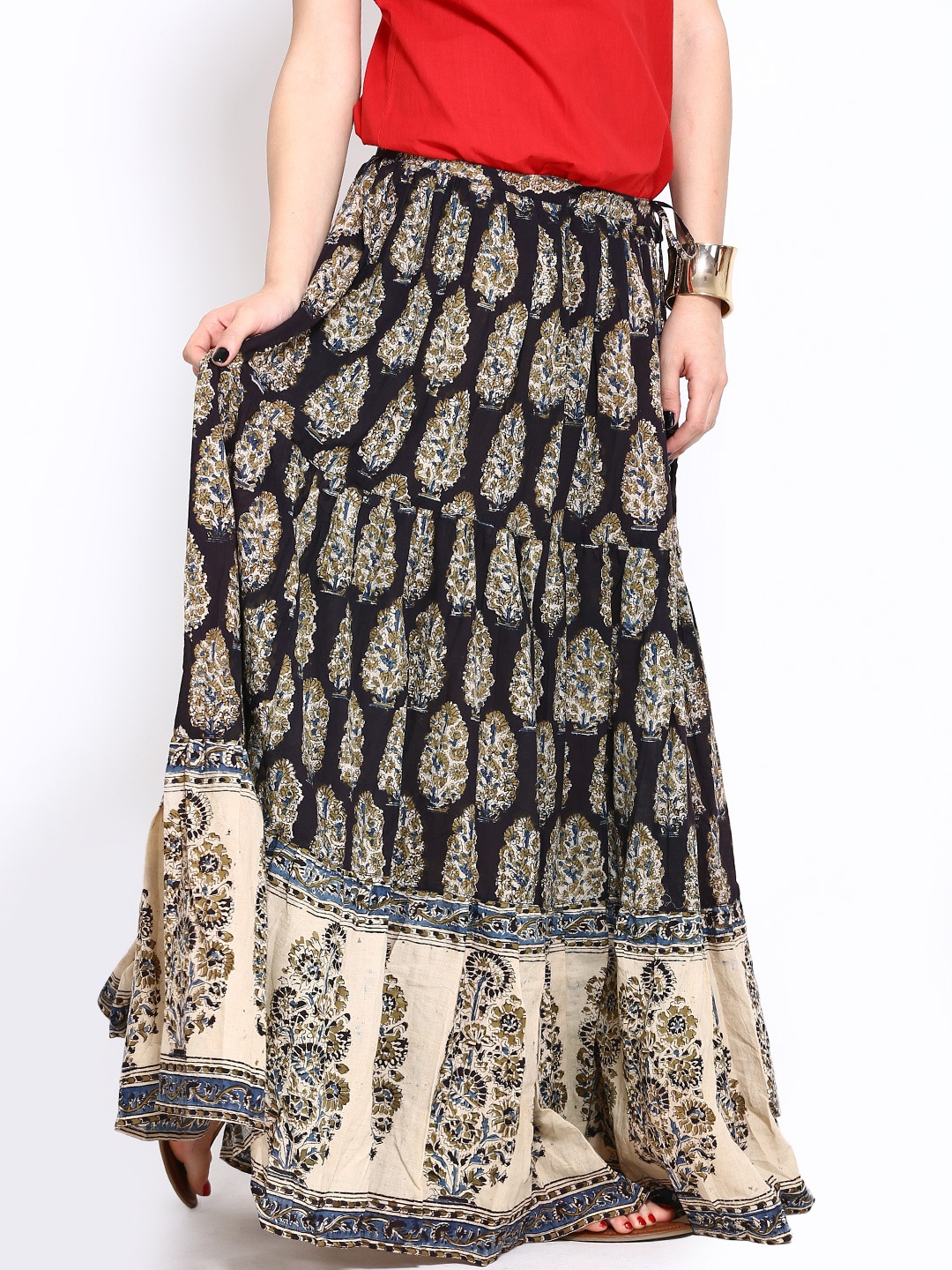 Myntra Fabindia Brown & Beige Printed Kalamkari Maxi Skirt 415402 | Buy ...