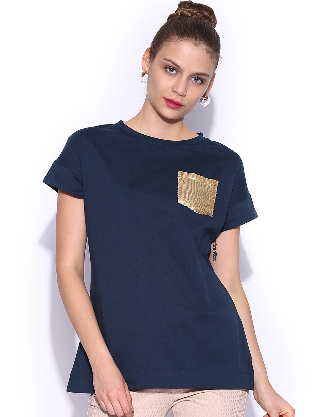 

Miss Chase Women Navy Dash of Sparkle Top, Navy blue