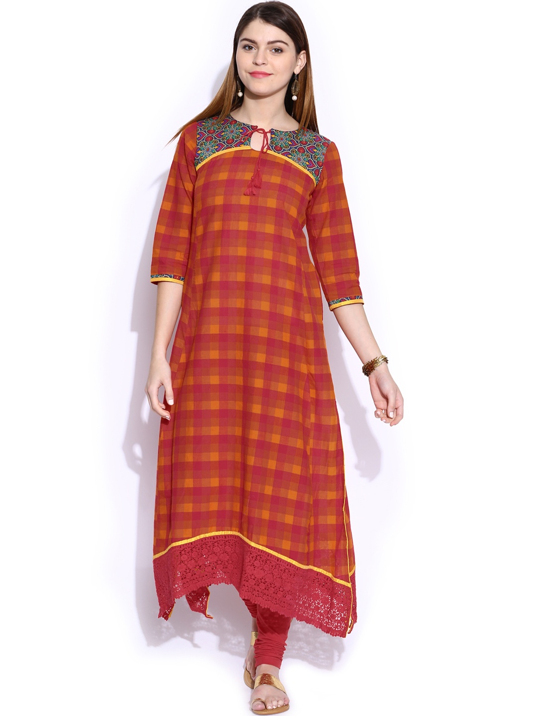 

Vishudh Women Orange & Red Checked Kurta
