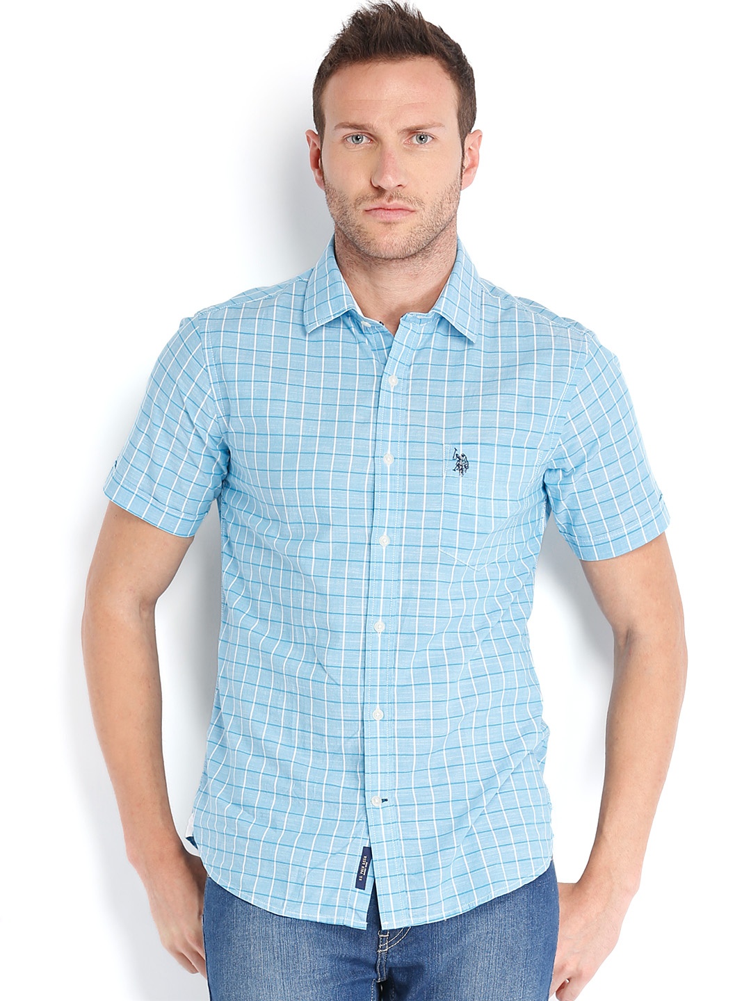 

U.S. Polo Assn. Men Blue Checked Tailored Fit Casual Shirt