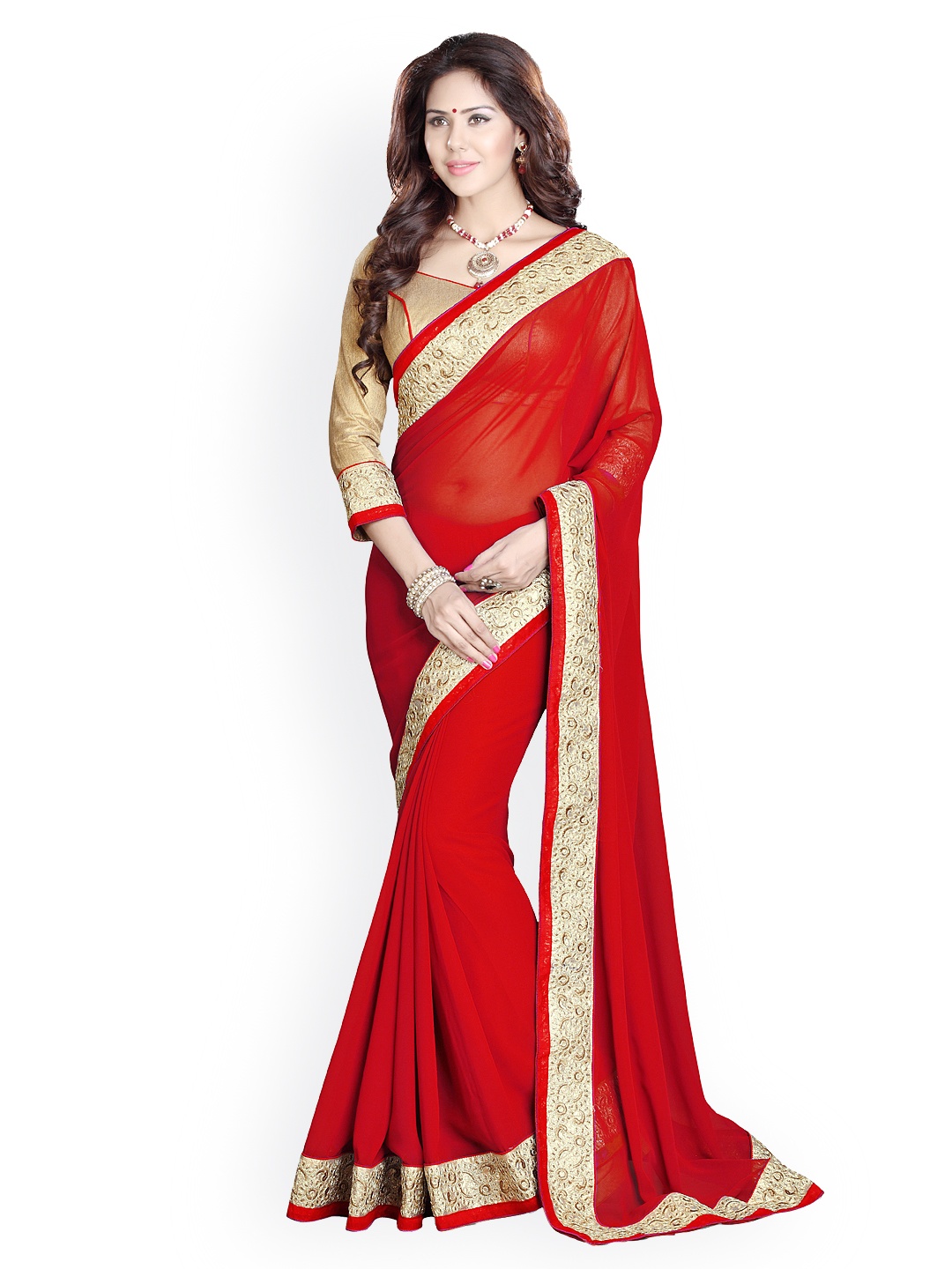 

MIRCHI FASHION Red Embroidered Georgette Fashion Saree