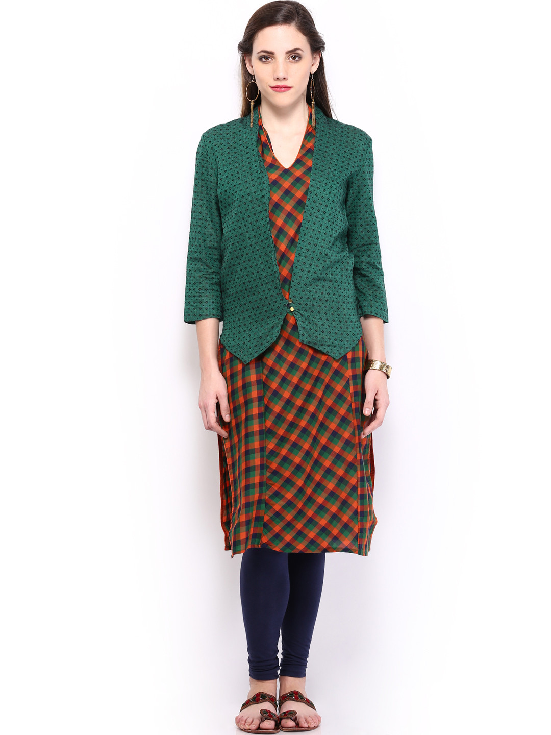 

Vishudh Women Green & Orange Checked Kurta with Jacket