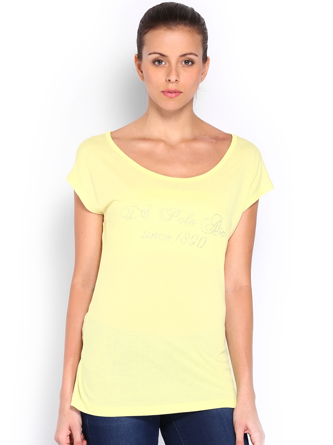 

U.S. Polo Assn. Women Yellow Solid Boat Neck T-shirt