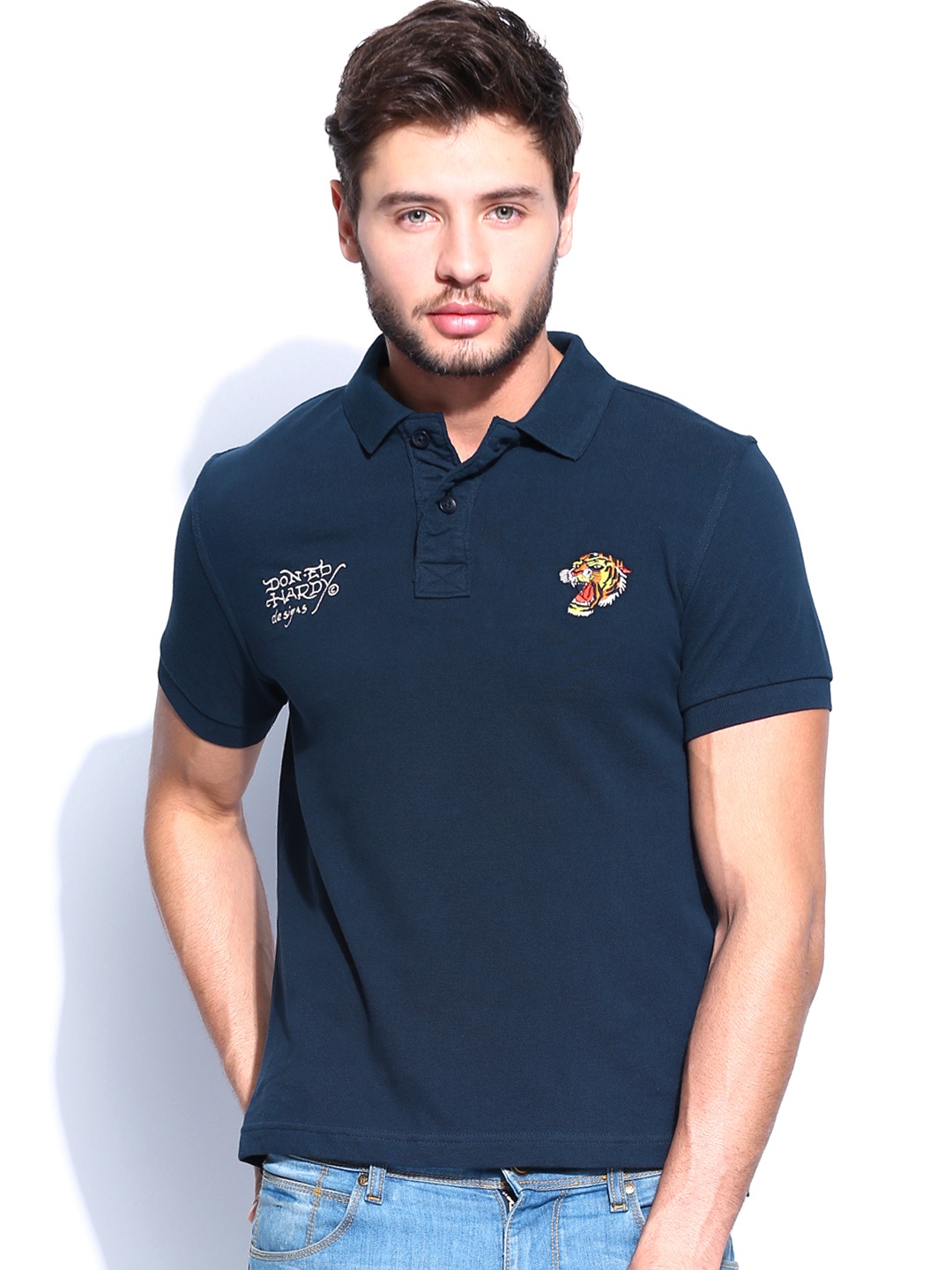

Ed Hardy Men Navy Pique Polo Pure Cotton T-shirt, Navy blue