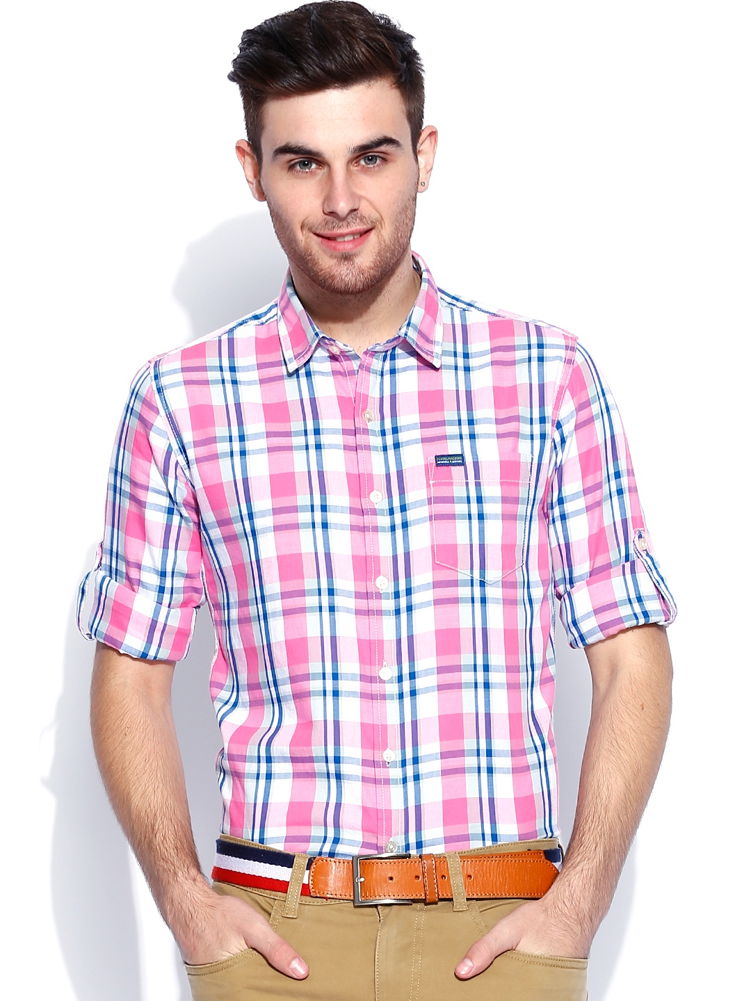 

Flying Machine Men White & Pink Checked Casual Shirt