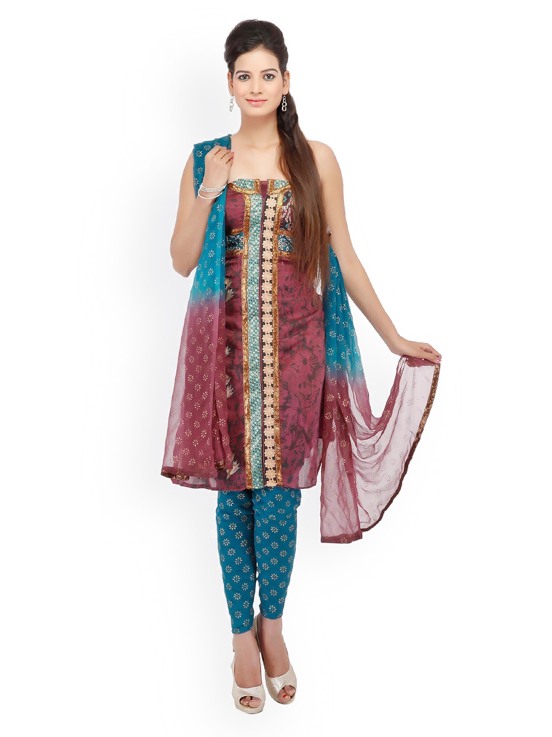

Chhabra 555 Brown & Blue Chanderi Unstitched Dress Material