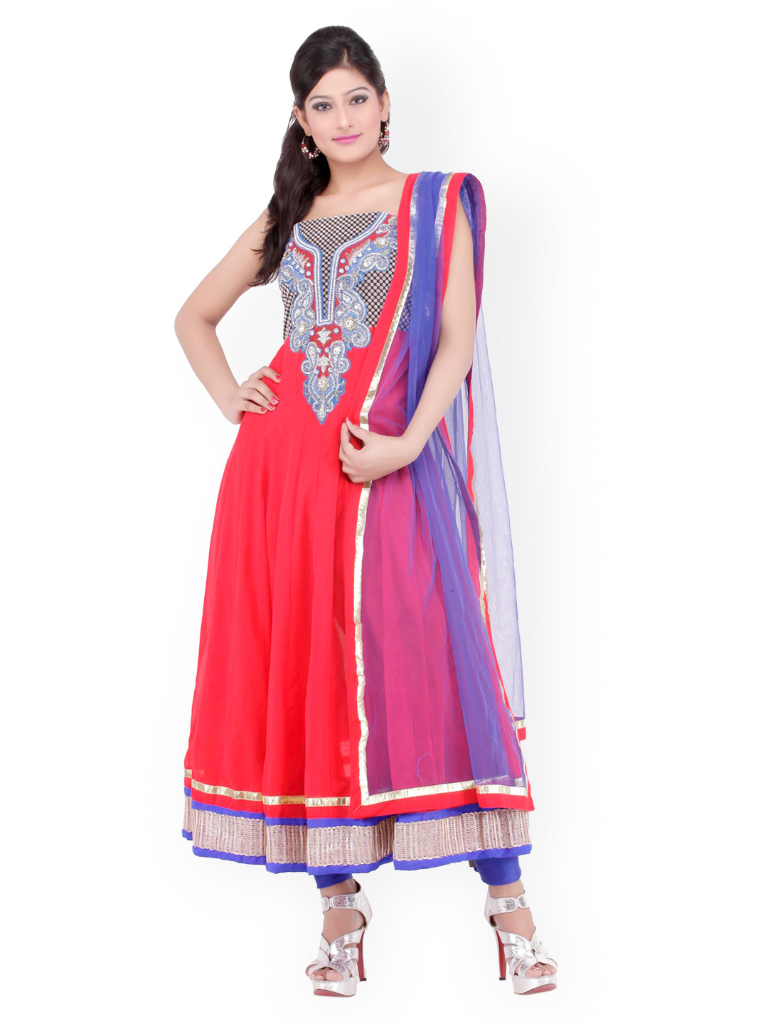 

Chhabra 555 Red & Blue Georgette Unstitched Dress Material