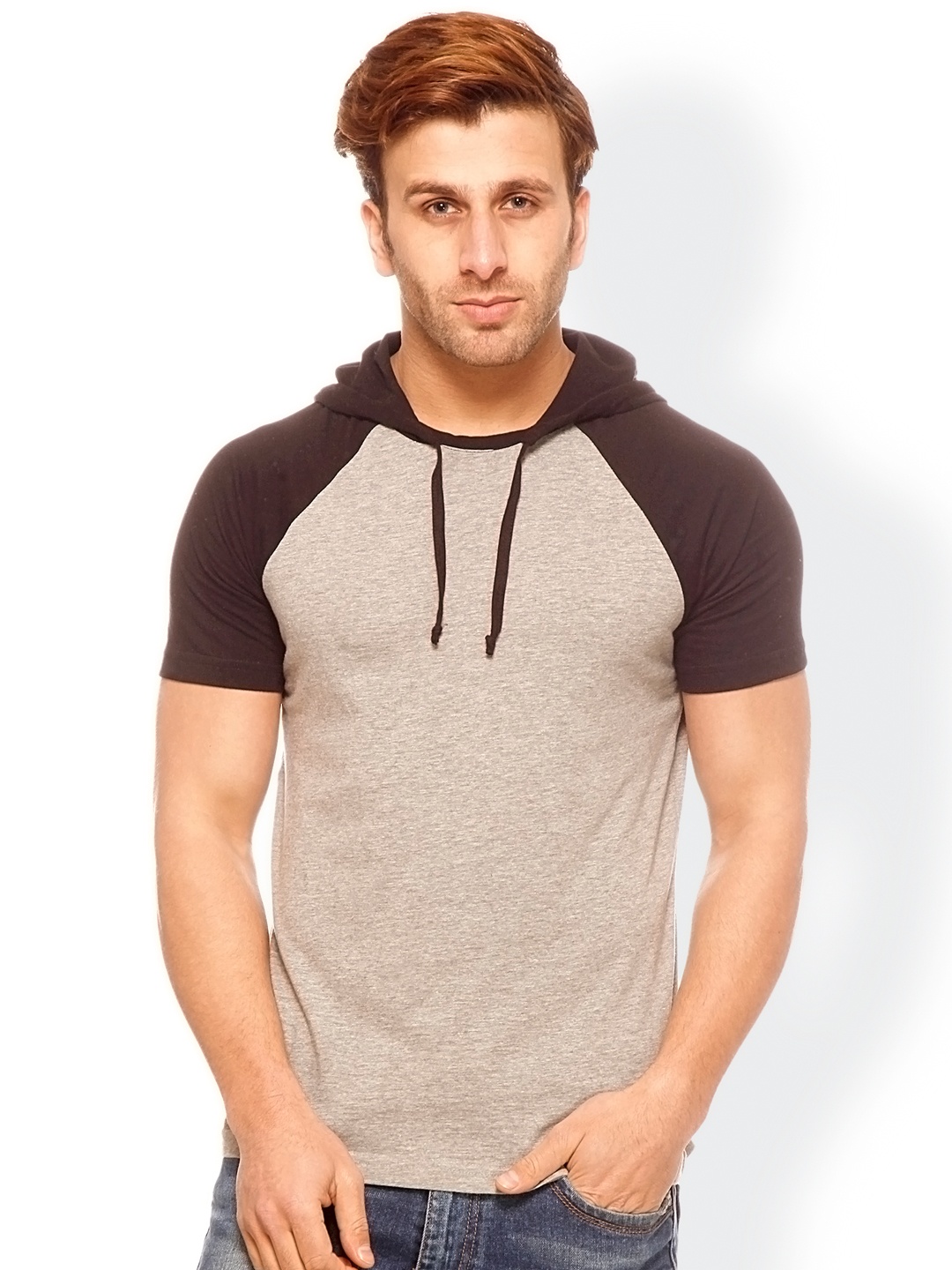 

GRITSTONES Men Grey Melange & Black Hooded T-shirt