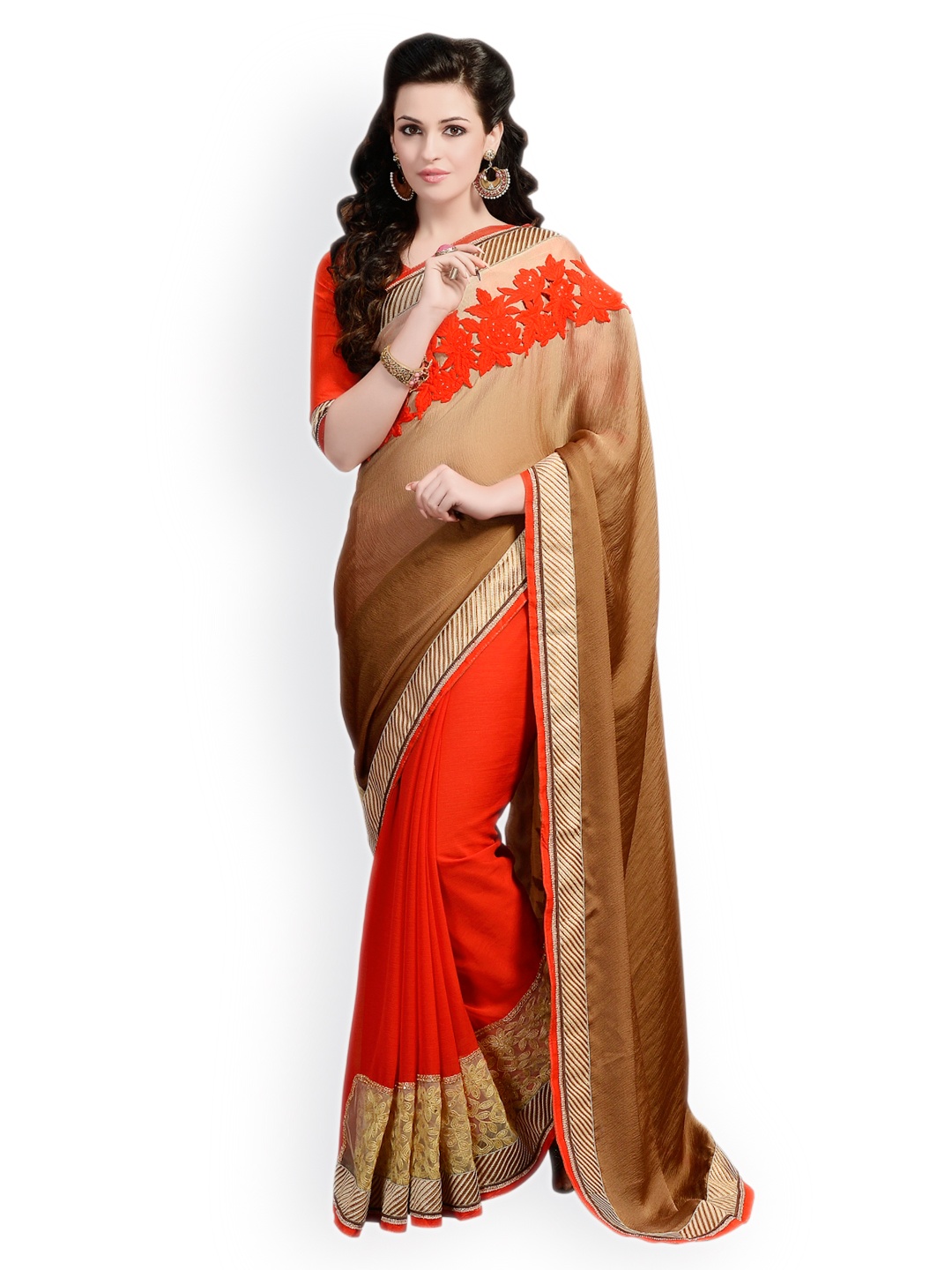 

Kalista Brown & Red Embroidered Chiffon Partywear Saree